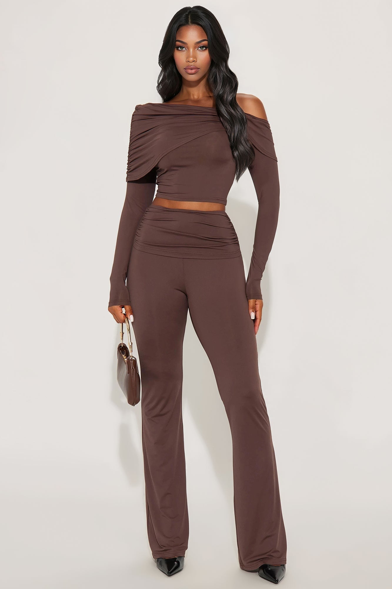 Athena Off Shoulder Pant Set - Chocolate