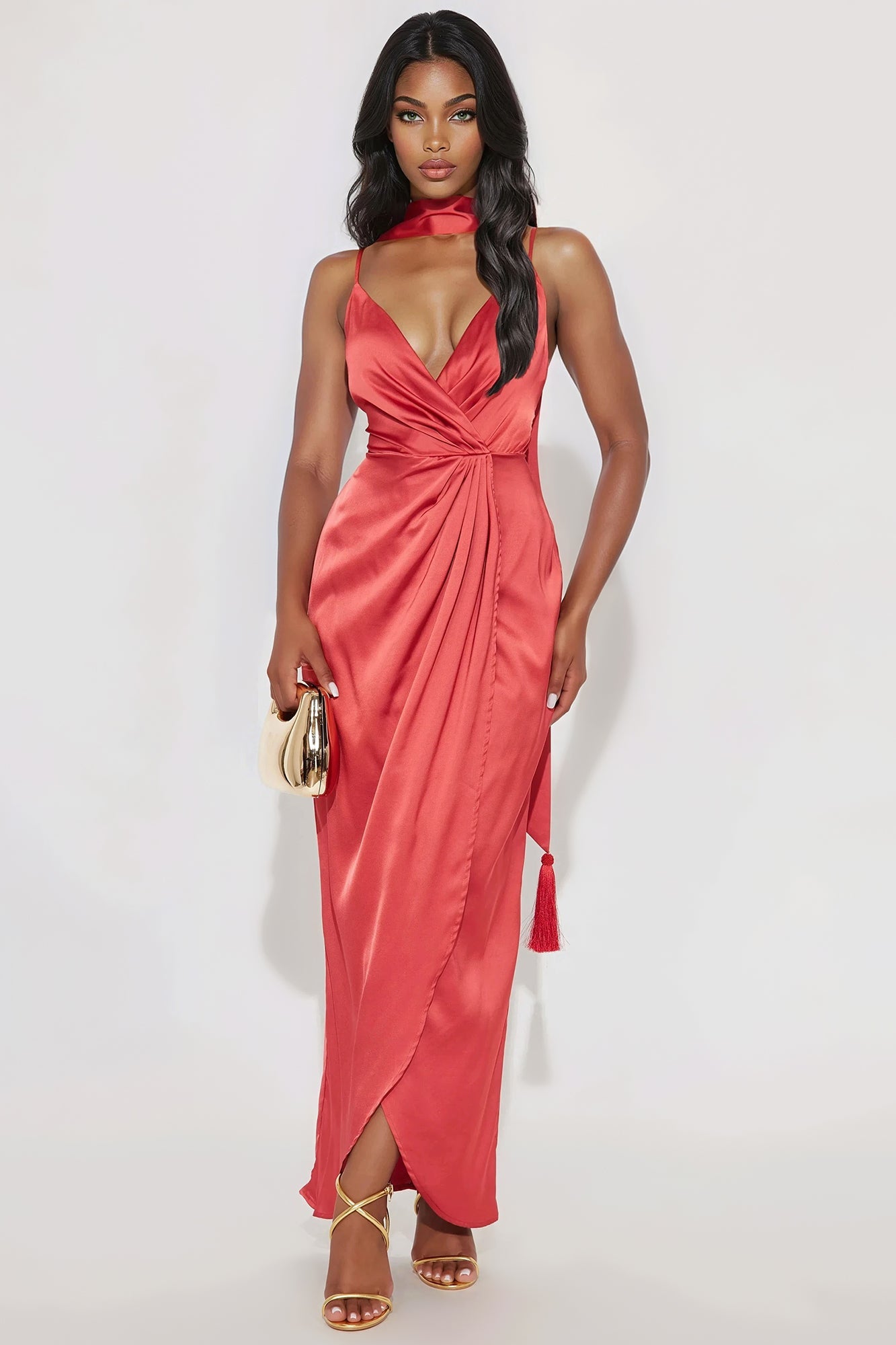 Poppy Scarf Satin Gown - Marsala
