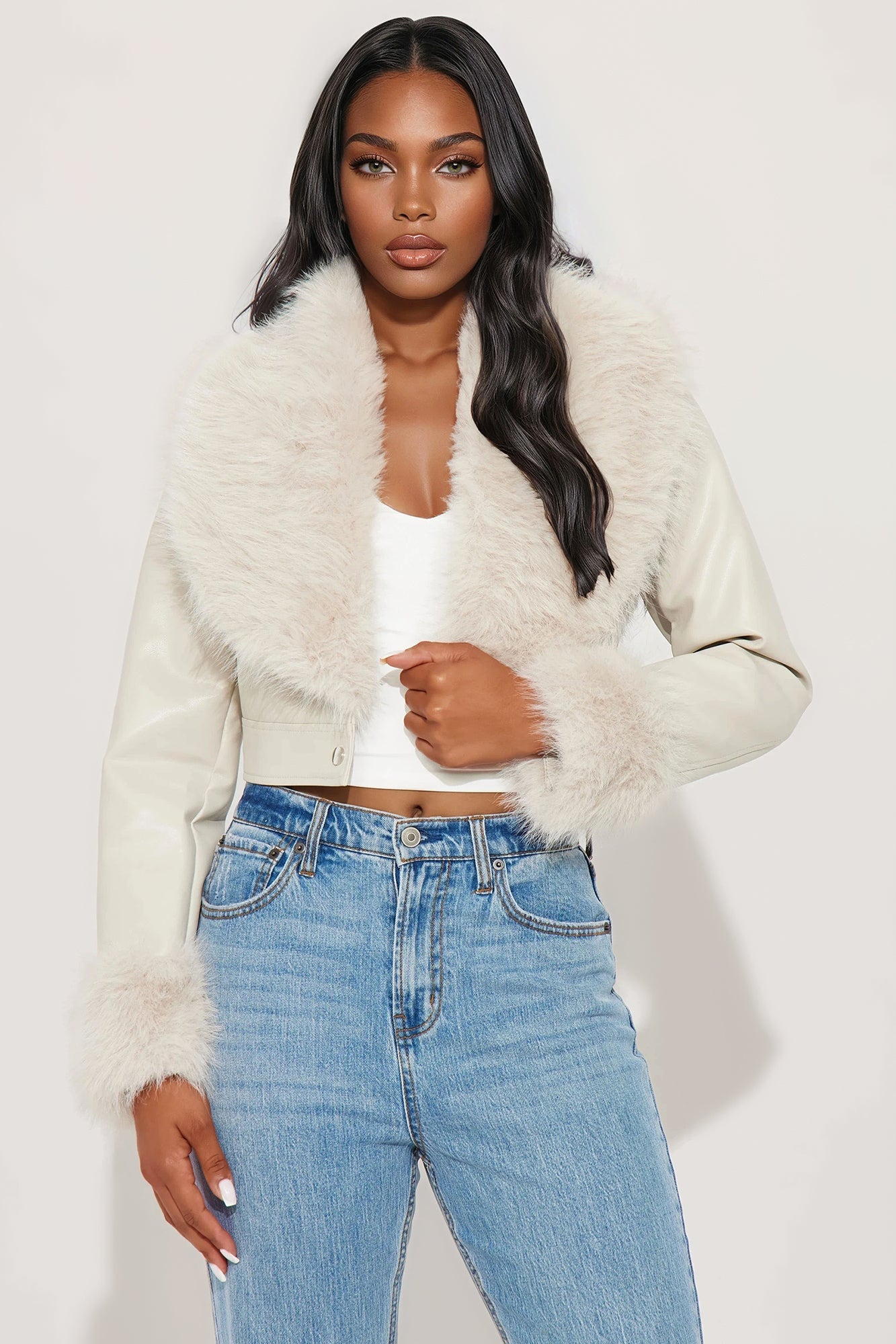 Roxanne Cropped Fur Faux Leather Coat - Stone