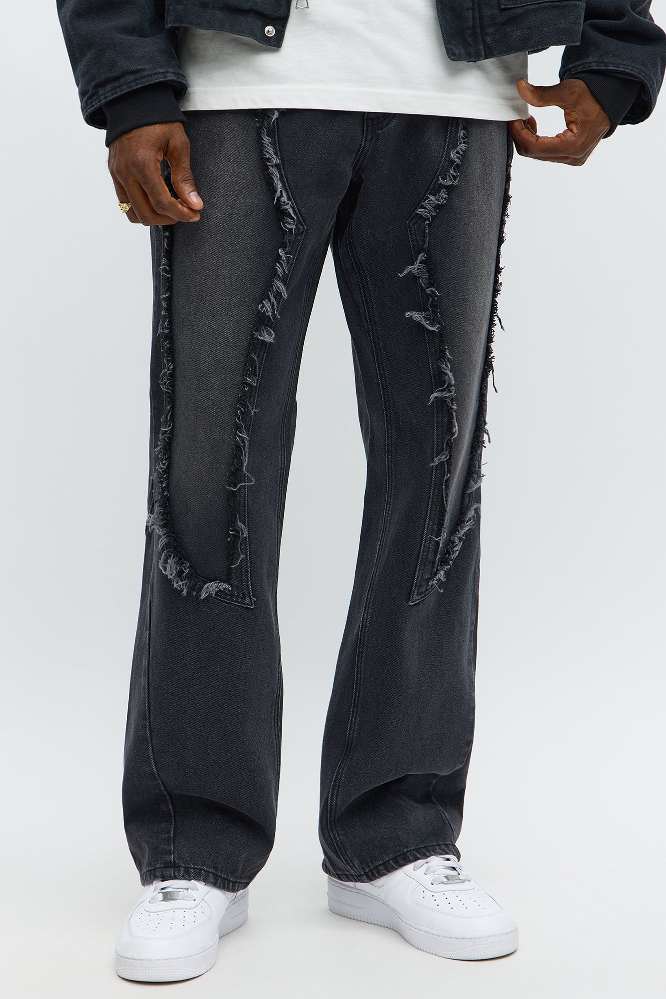Stacked Slim Flare Diamond Frayed Jeans - Black