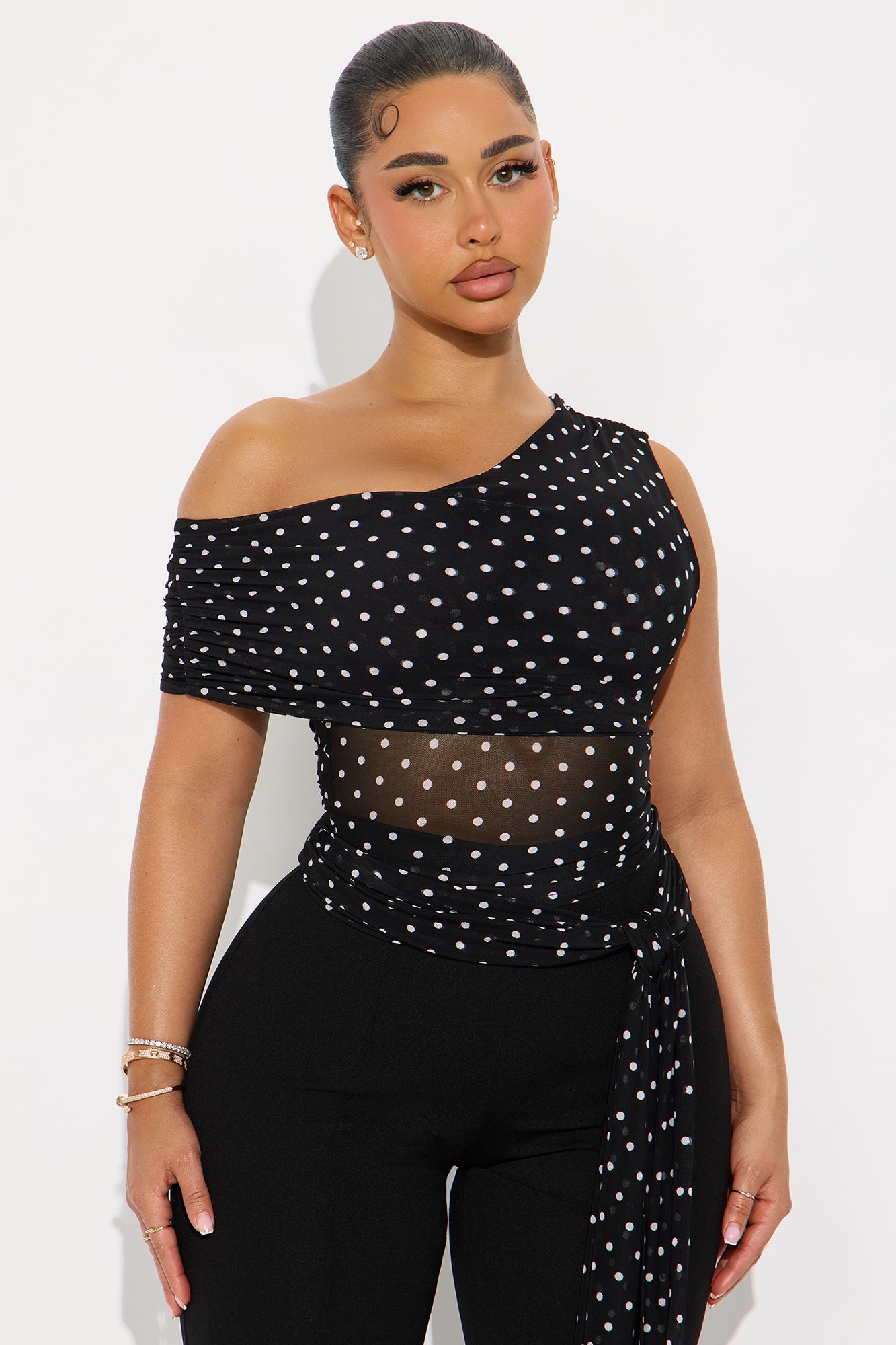 Kylie Polka Dot Off Shoulder Mesh Top - Black/White