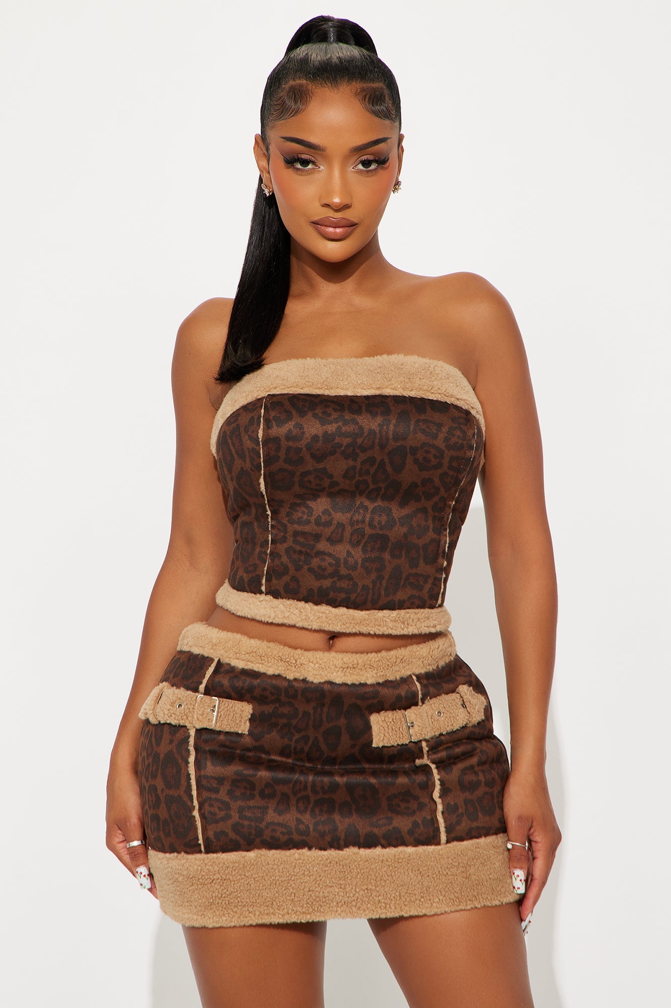 Kaia Faux Suede Leopard Skirt Set - Brown/combo