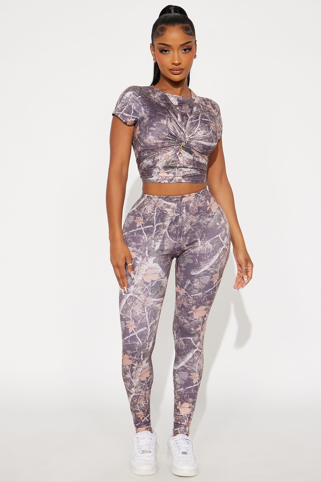 Leah Twist Front Camo Pant Set - Olive/combo