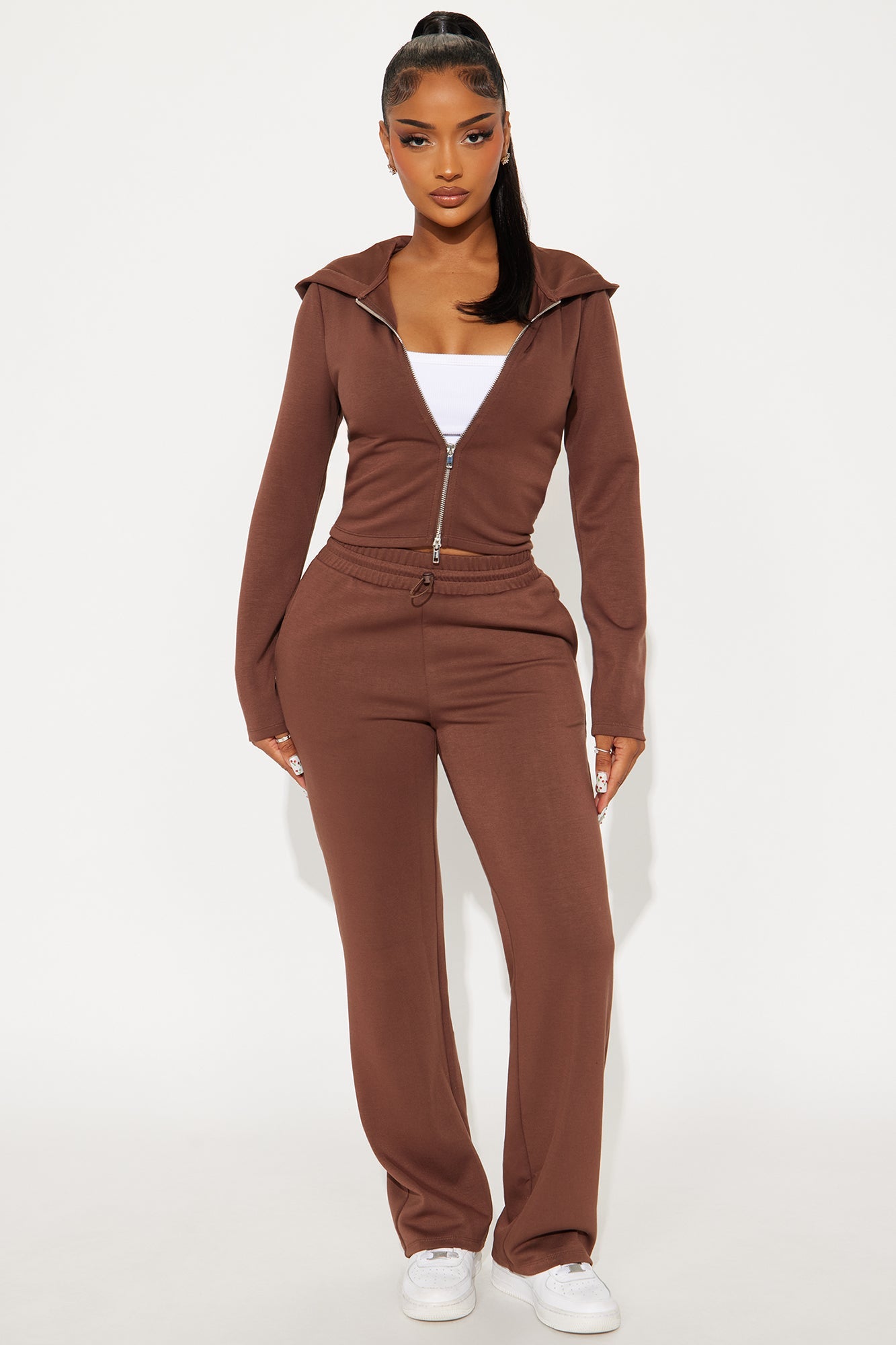 Monica Soft Scuba Zip Hoodie Pant Set - Brown