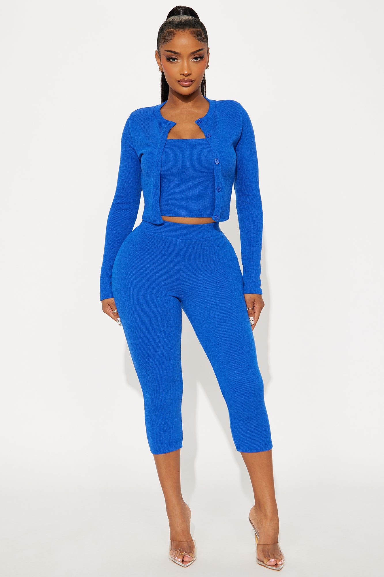 Adeline Ribbed 3 Piece Capri Set - Royal