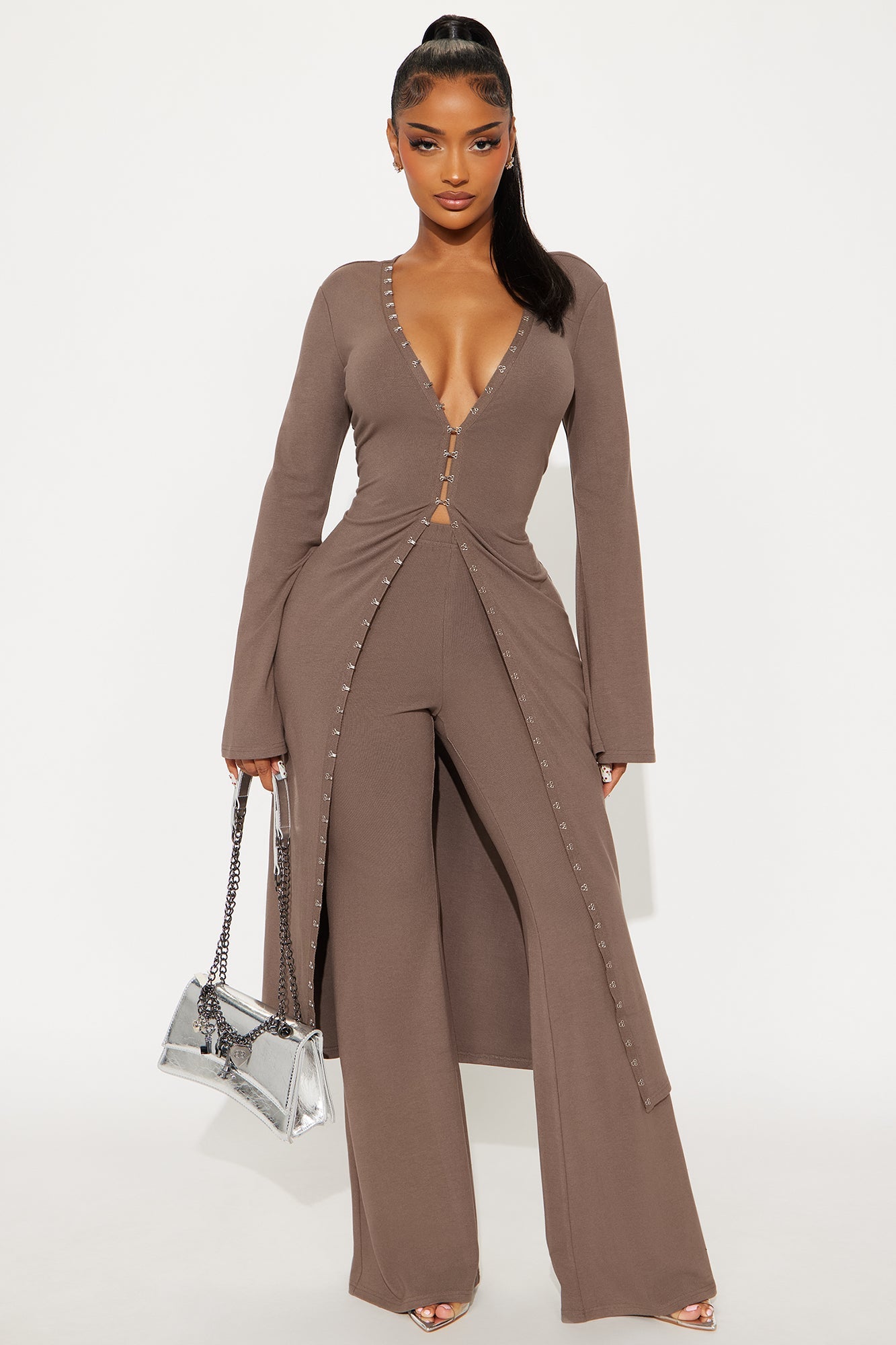 Dont Make Me Blush Long Cardigan Pant Set - Charcoal
