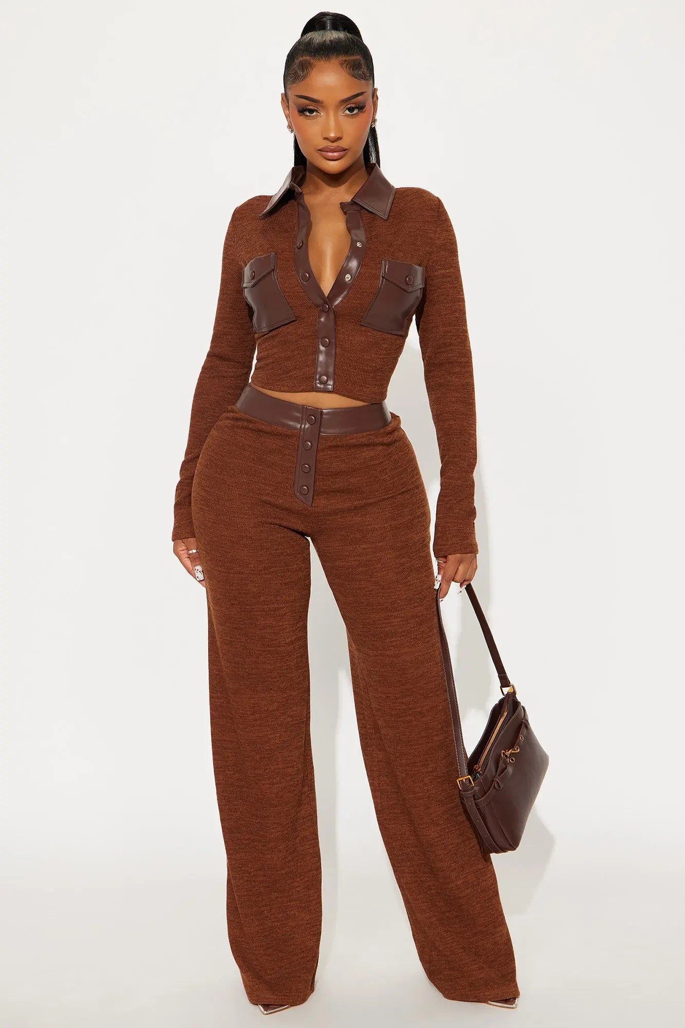 Elonna Faux Leather Trim Pant Set - Brown