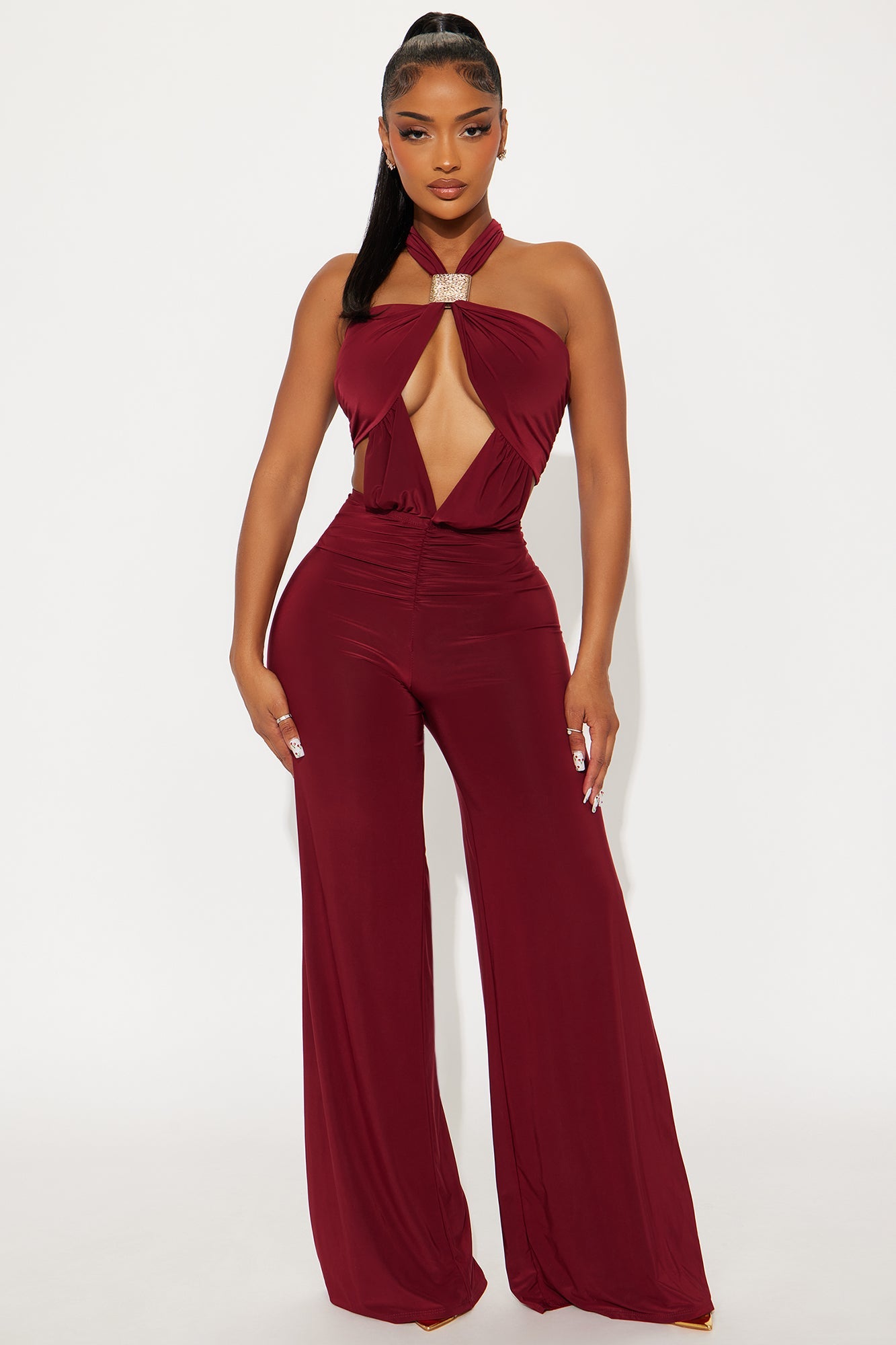 Untouchable Halter Wide Leg Jumpsuit - Burgundy
