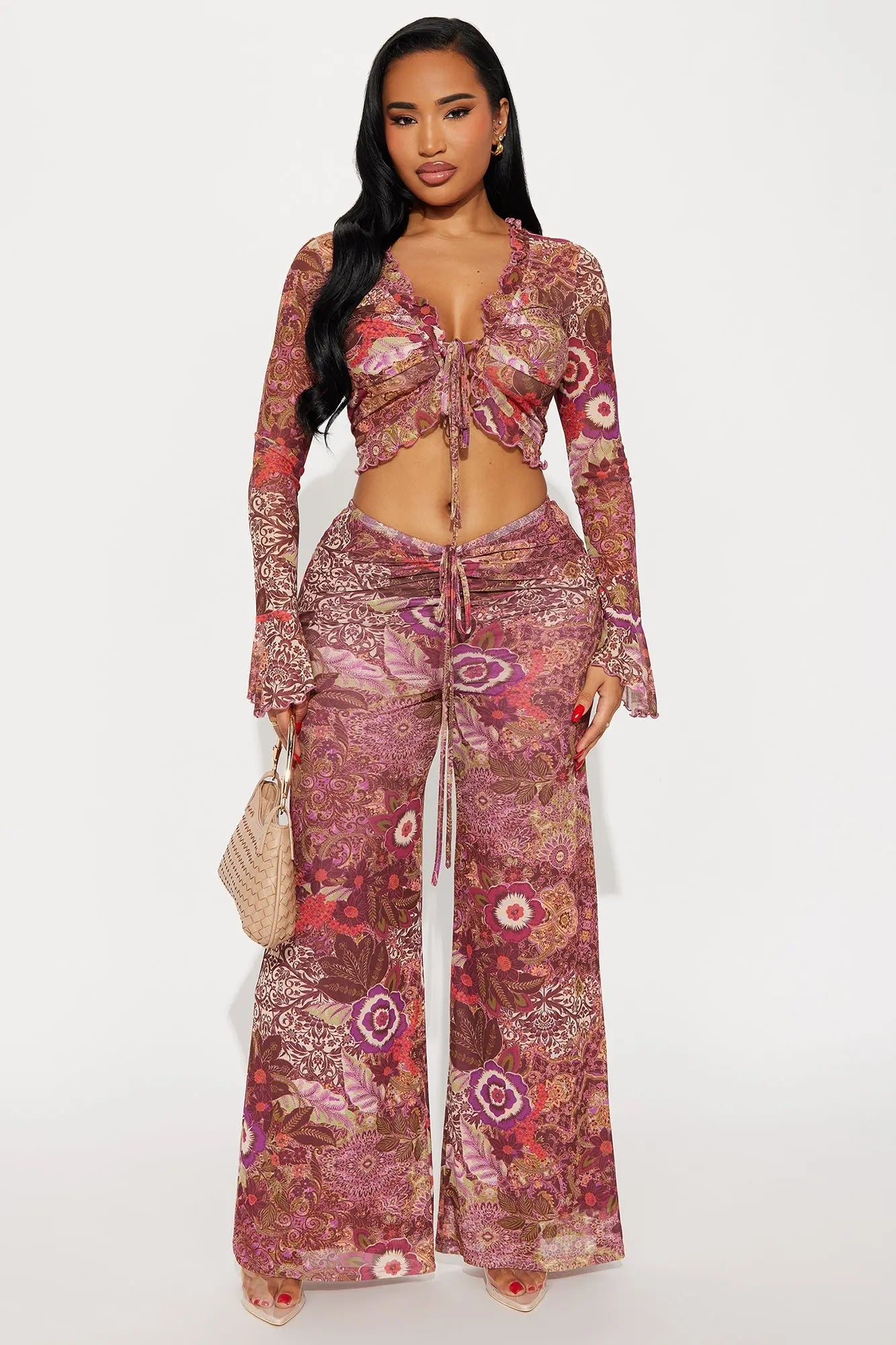 Felicity Floral Tie Front Pant Set - Purple/combo