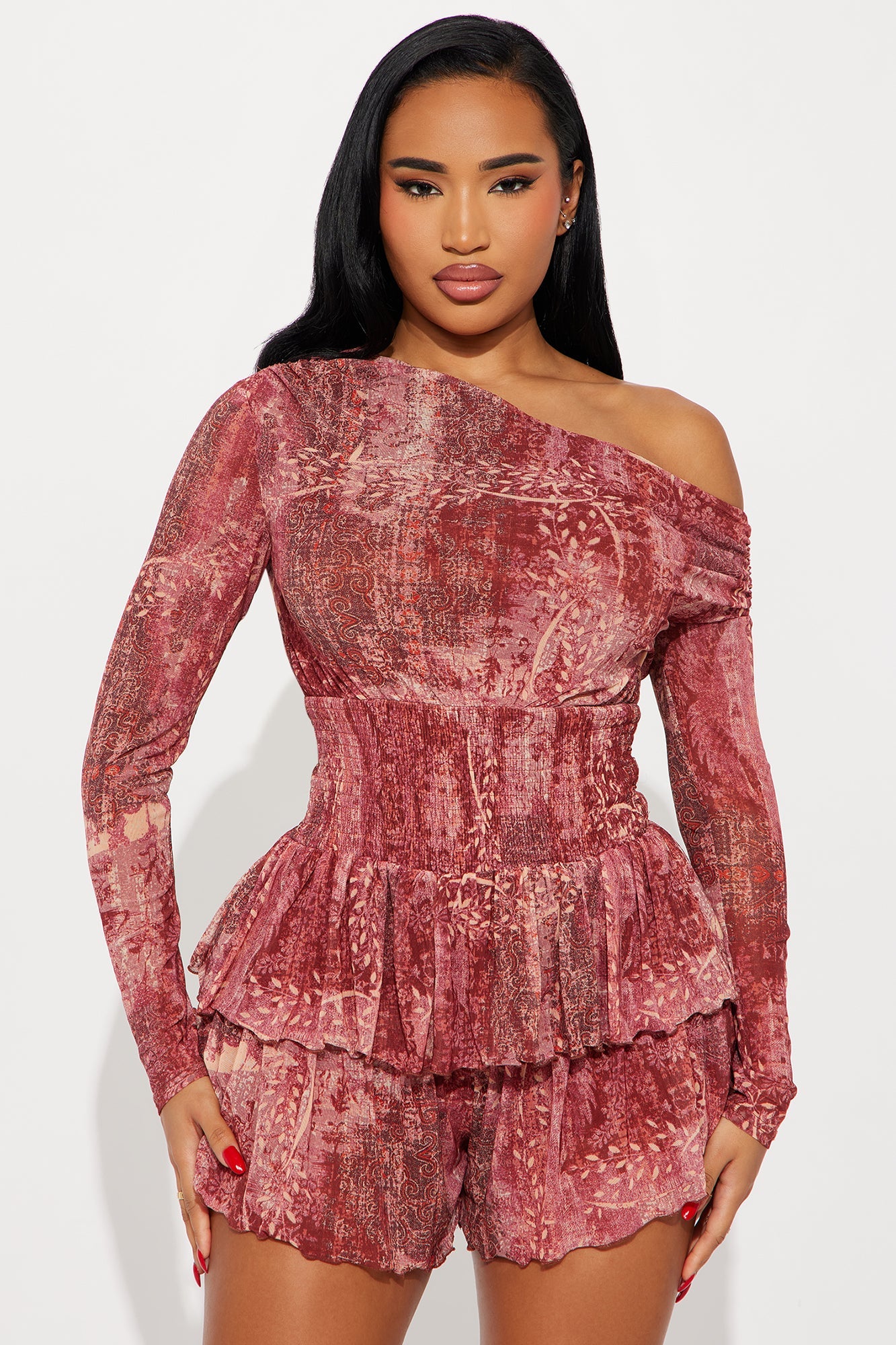 Free Spirit Long Sleeve Mesh Romper - Rust/combo