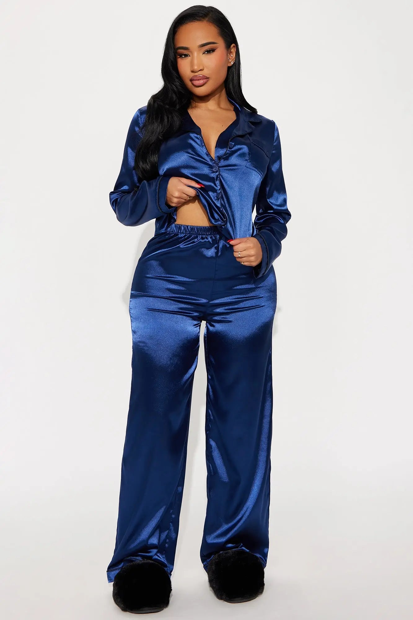 Bedtime Stretch Satin Long Sleeve PJ Pant Set - Navy