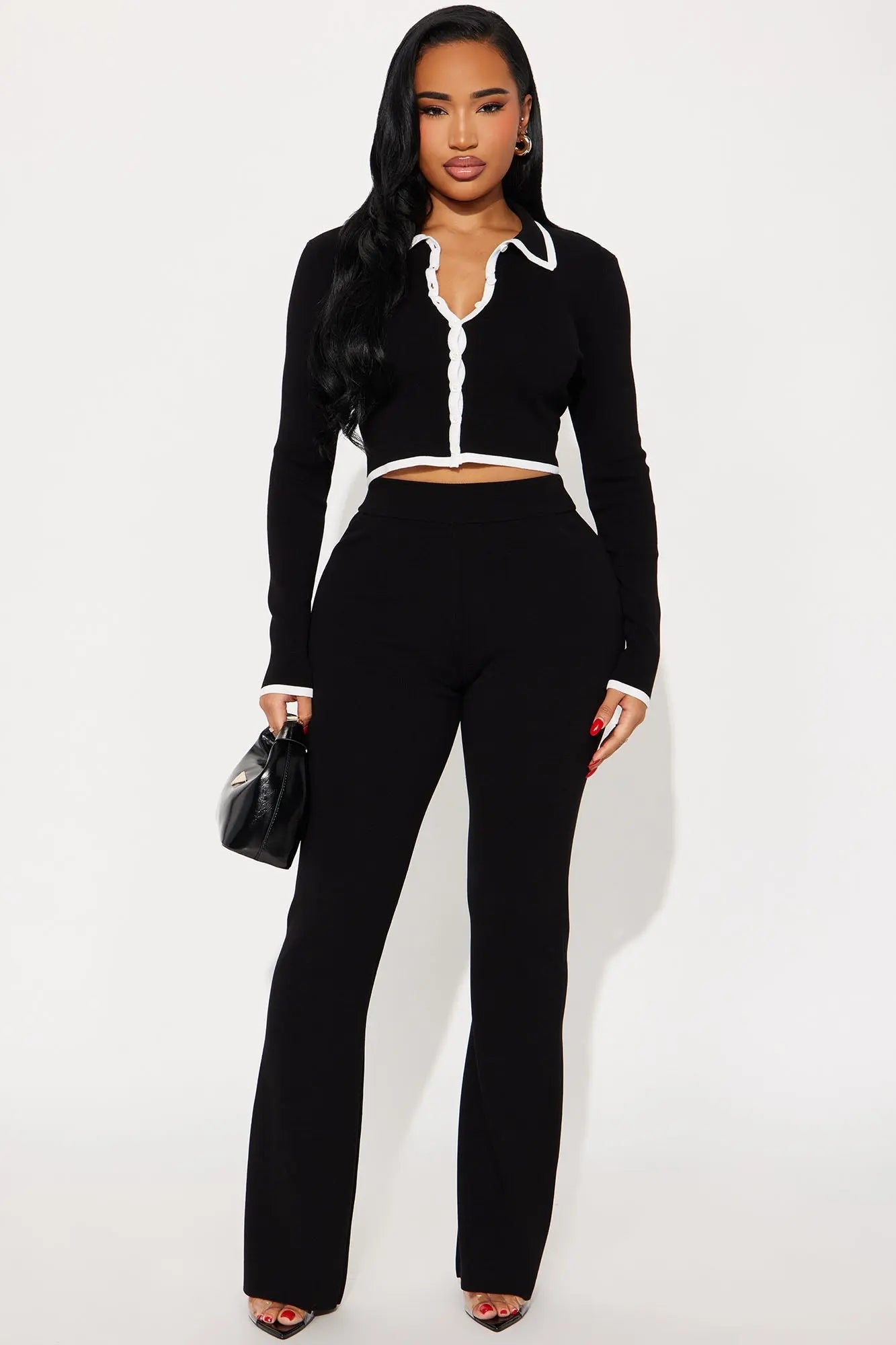 Contrast Edge Sweater Pant Set - Black