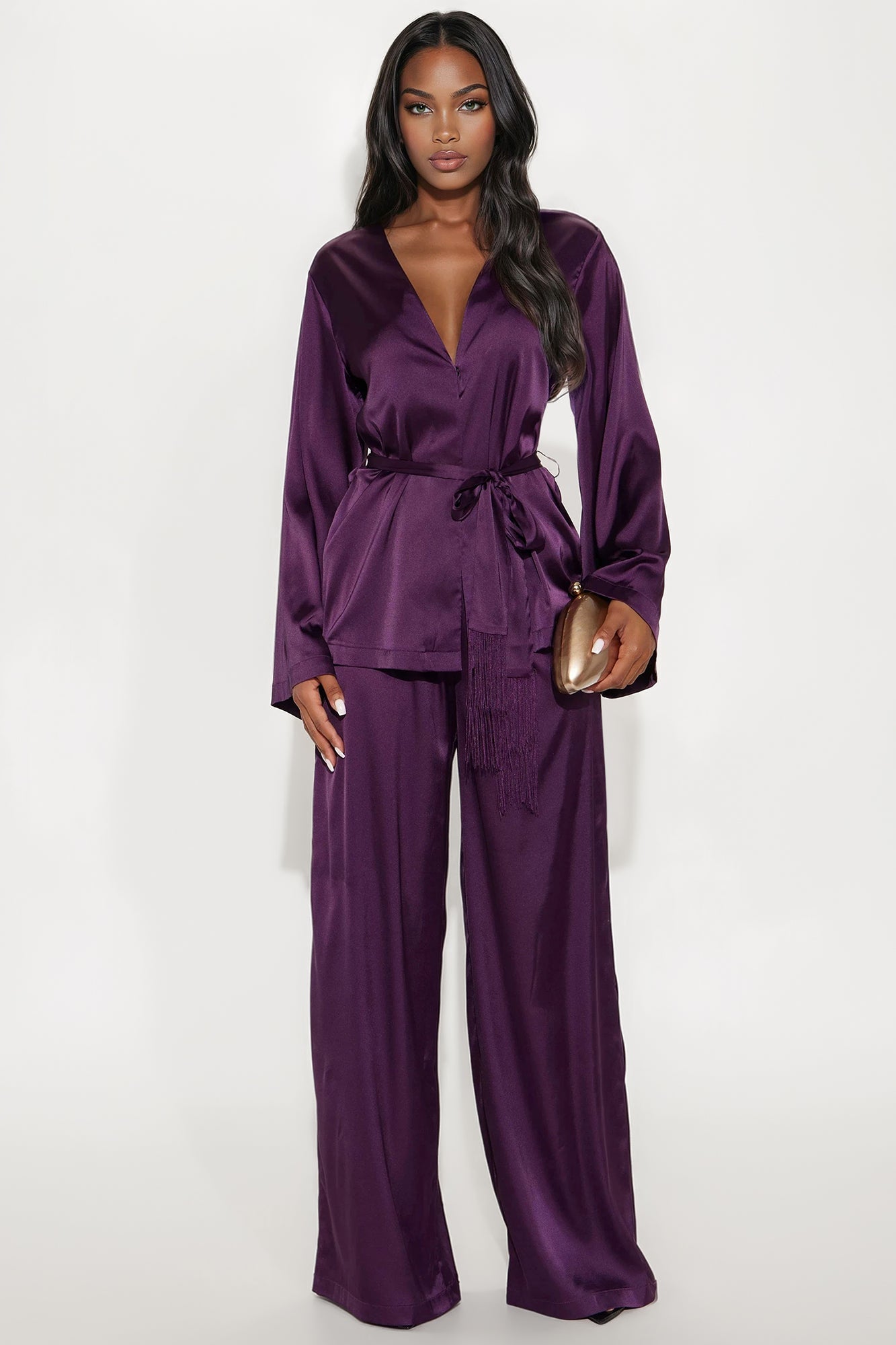 Make It Easy Satin Tie Waist Pant Set - Eggplant