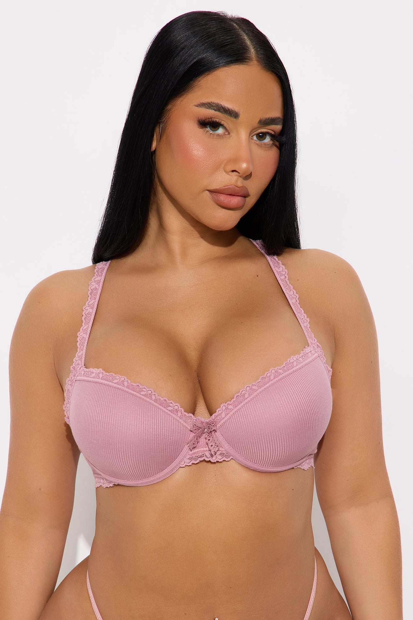 Talk Sweet To Me Ribbed Lace Trim Extreme Push Up Bra - Rose
