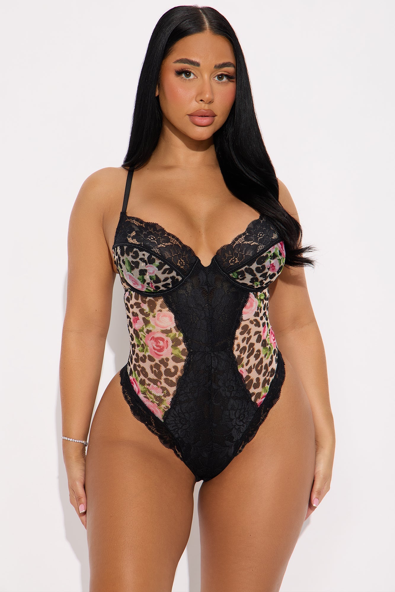 Wild Night Floral Leopard Lace Trim Teddy - Brown/combo