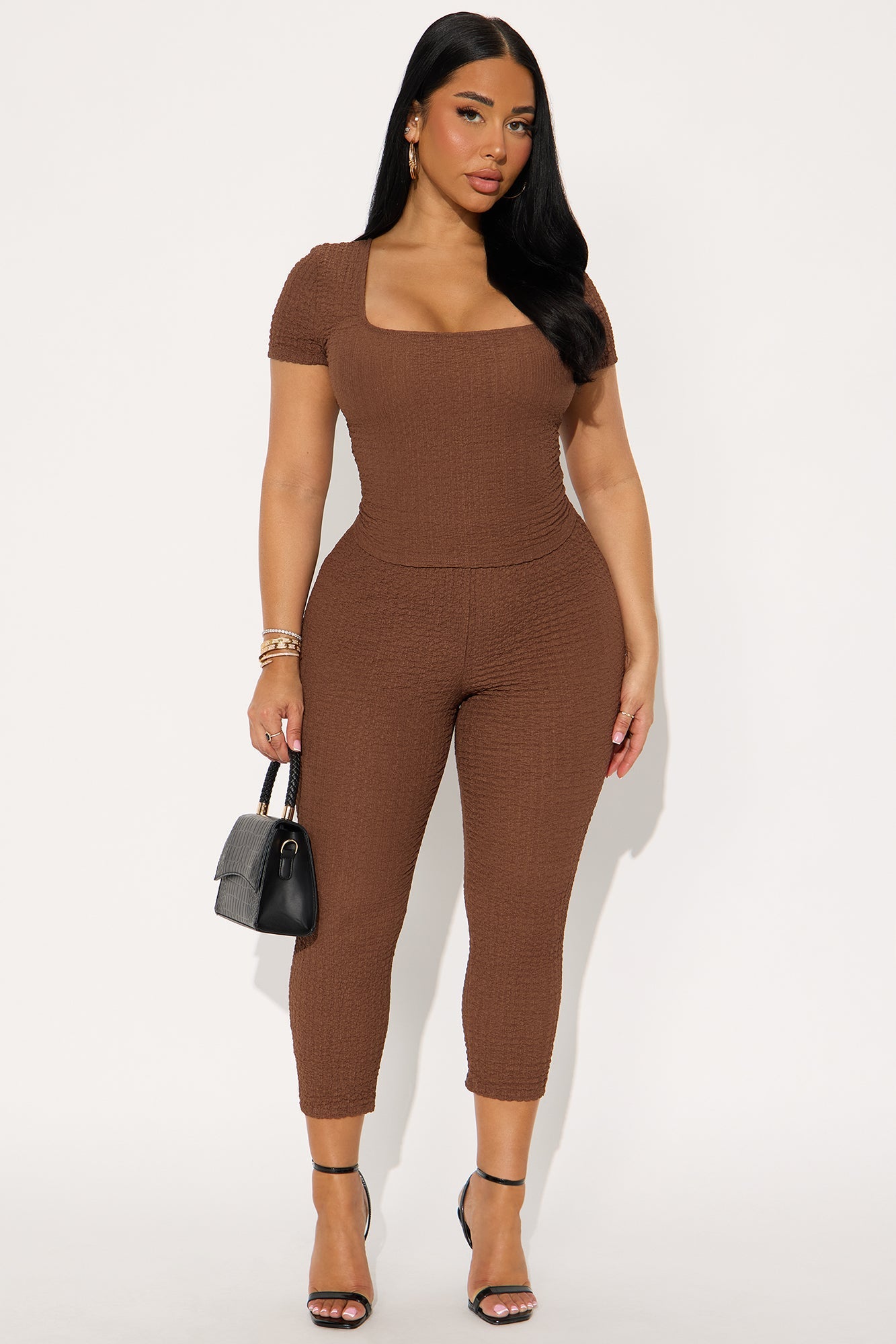 Delilah Textured Square Neck Capri Set - Brown
