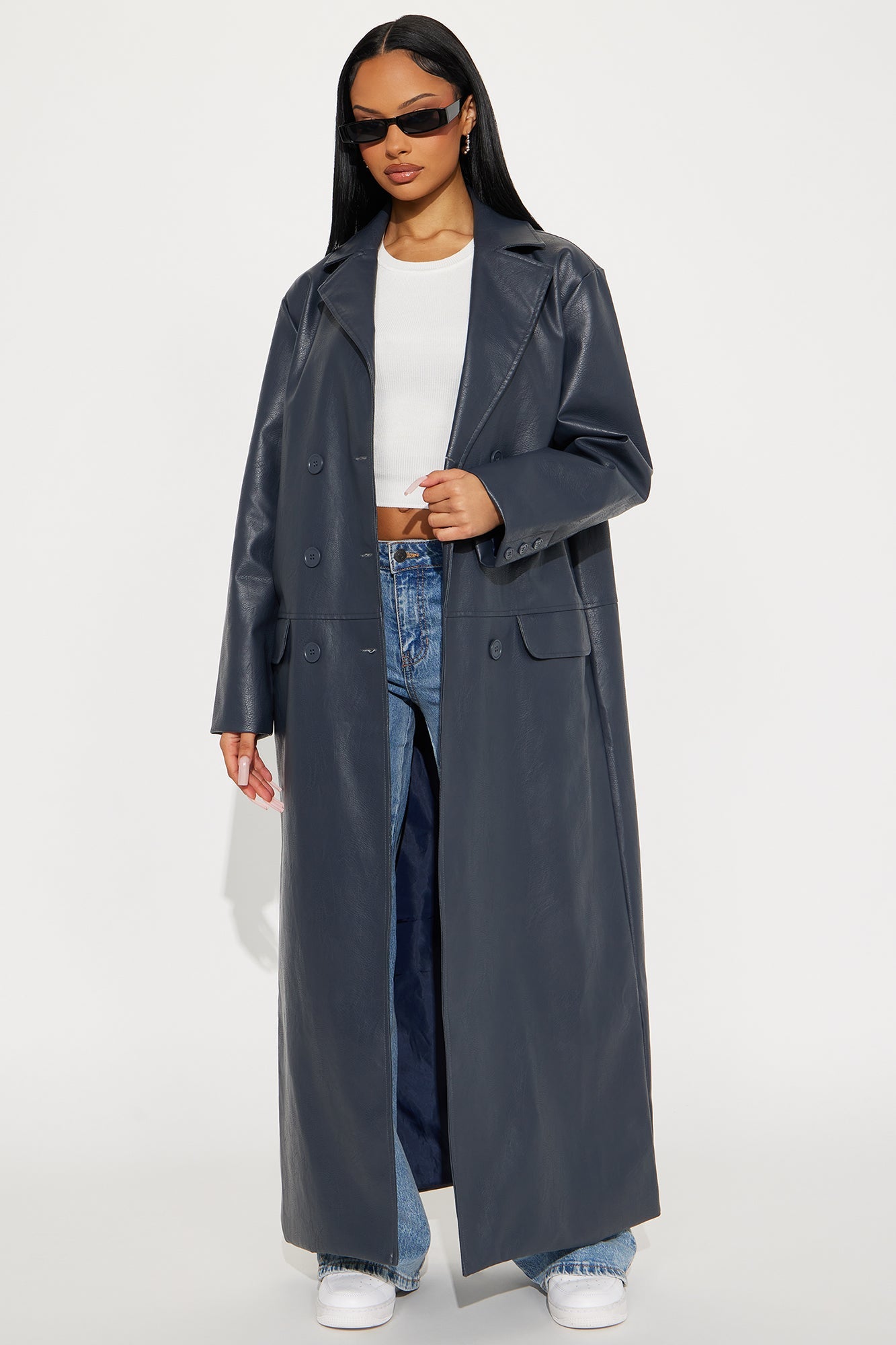 Drew Faux Leather Double Breasted Coat - Navy