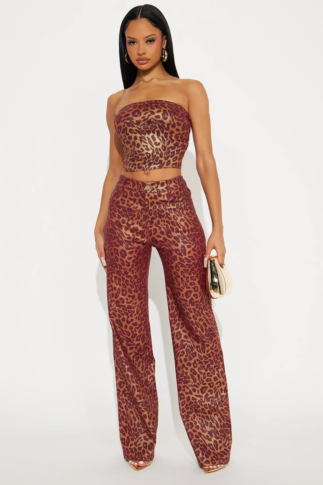 Divine Leopard Pant Set - Burgundy/combo