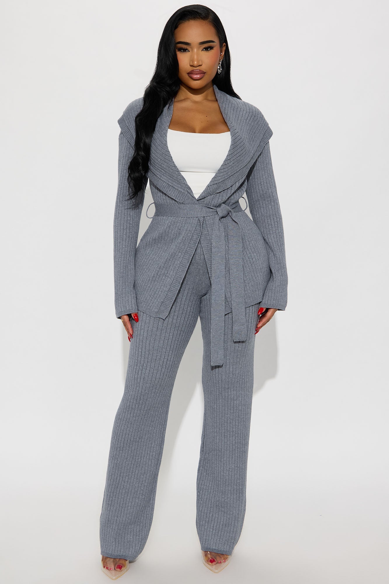 Emma Off Shoulder Sweater Pant Set - Charcoal