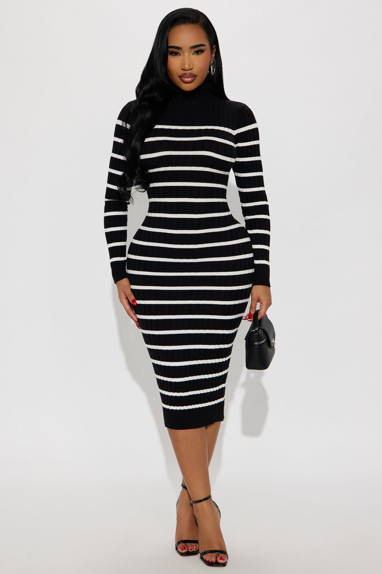 Fall In Line Striped Sweater Midi Dress - Black