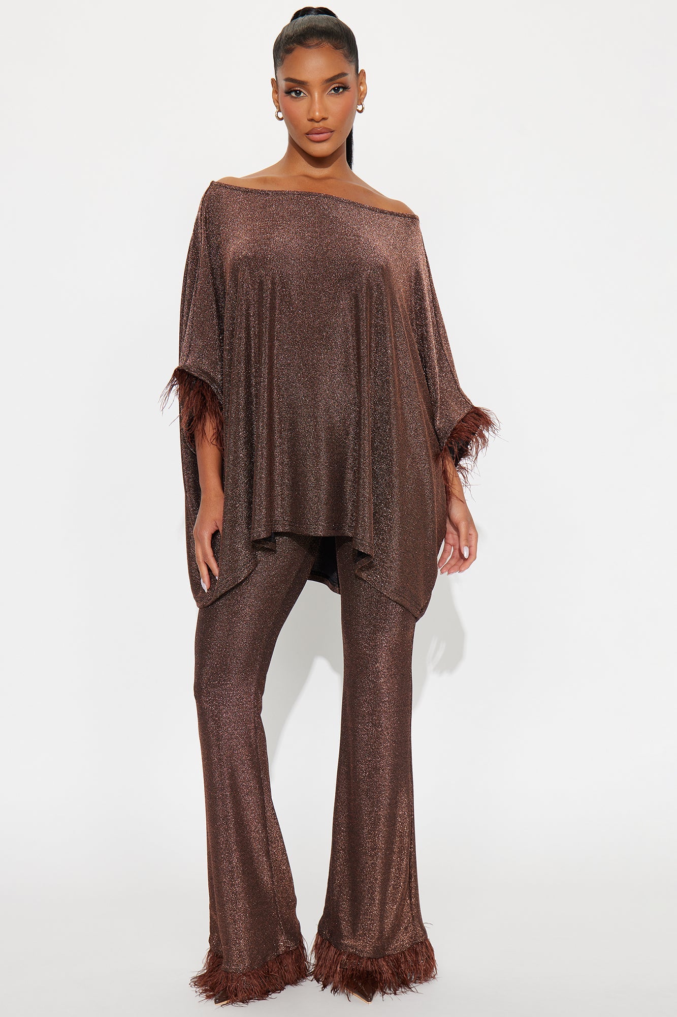 Jazelle Metallic Knit Feather Trim Pant Set - Chocolate