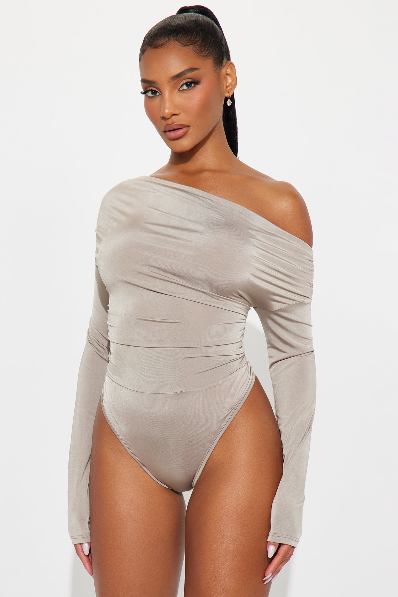 Girls Night Off Shoulder Bodysuit - Mocha