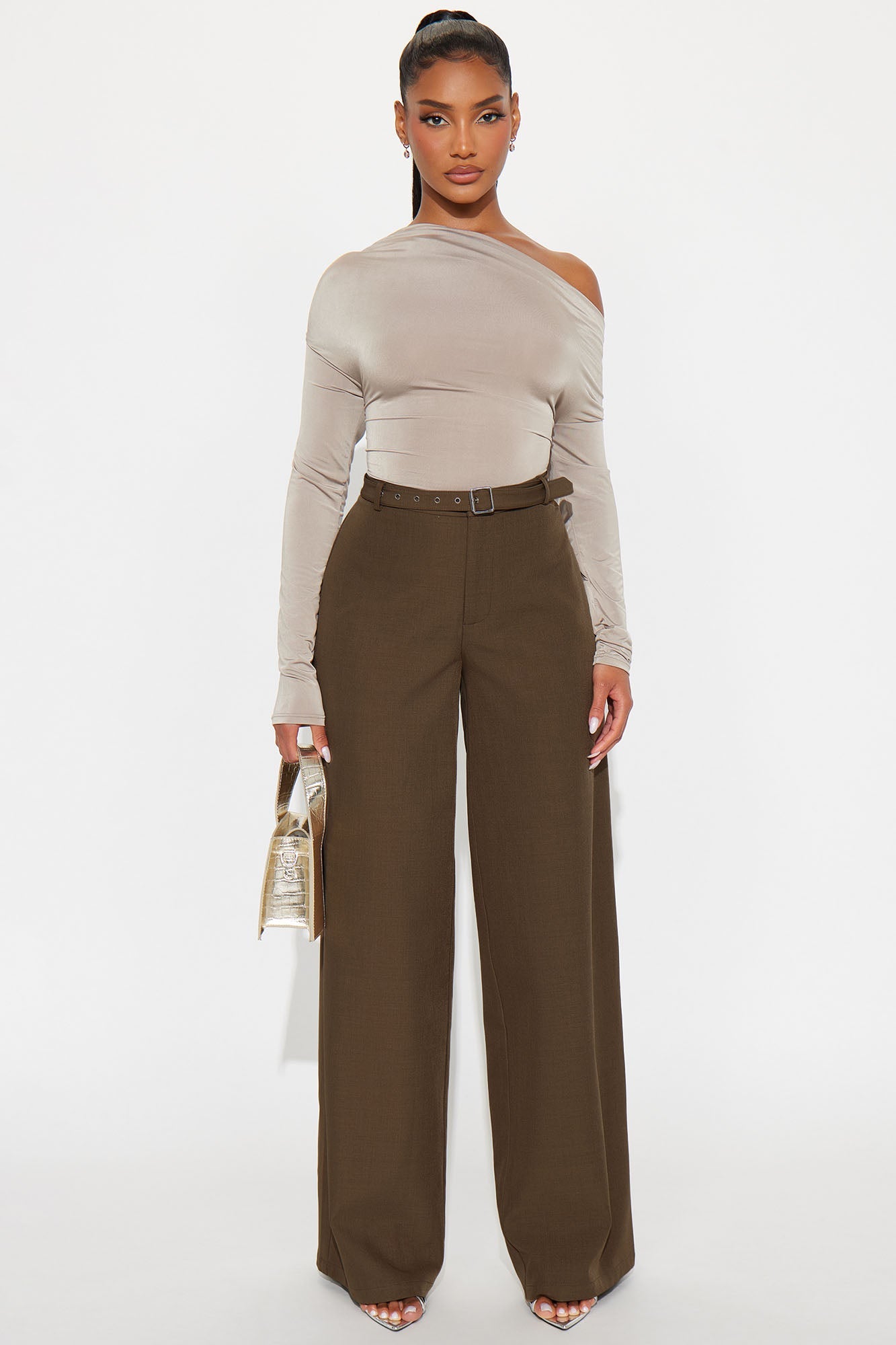Only Boss Attitude Low Rise Belted Wide Leg Trouser 33 - Mocha