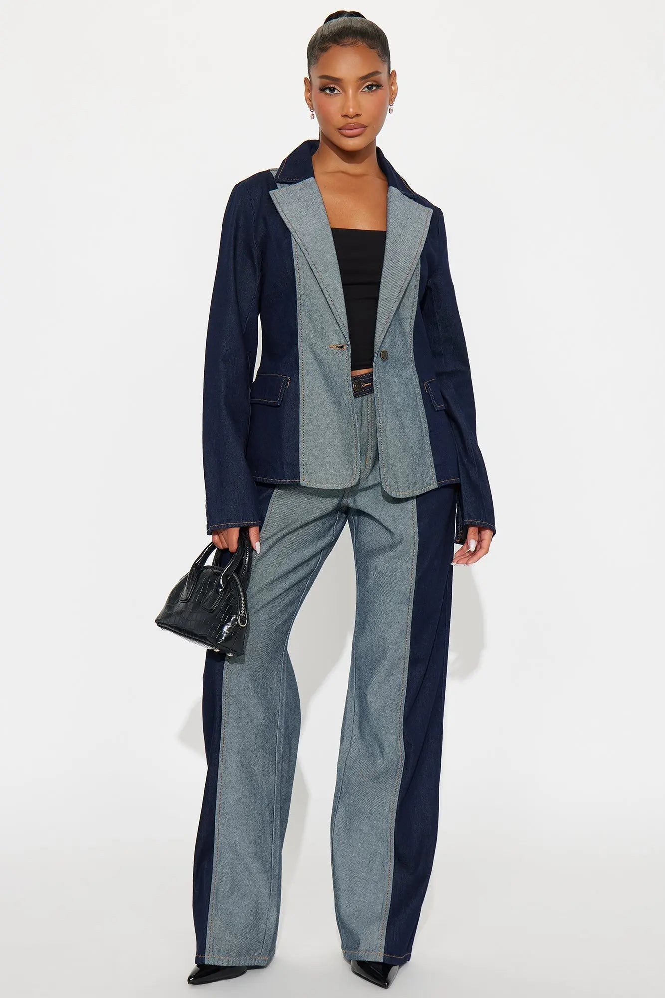 Split Decisions Denim Blazer Pant Set - Dark Denim