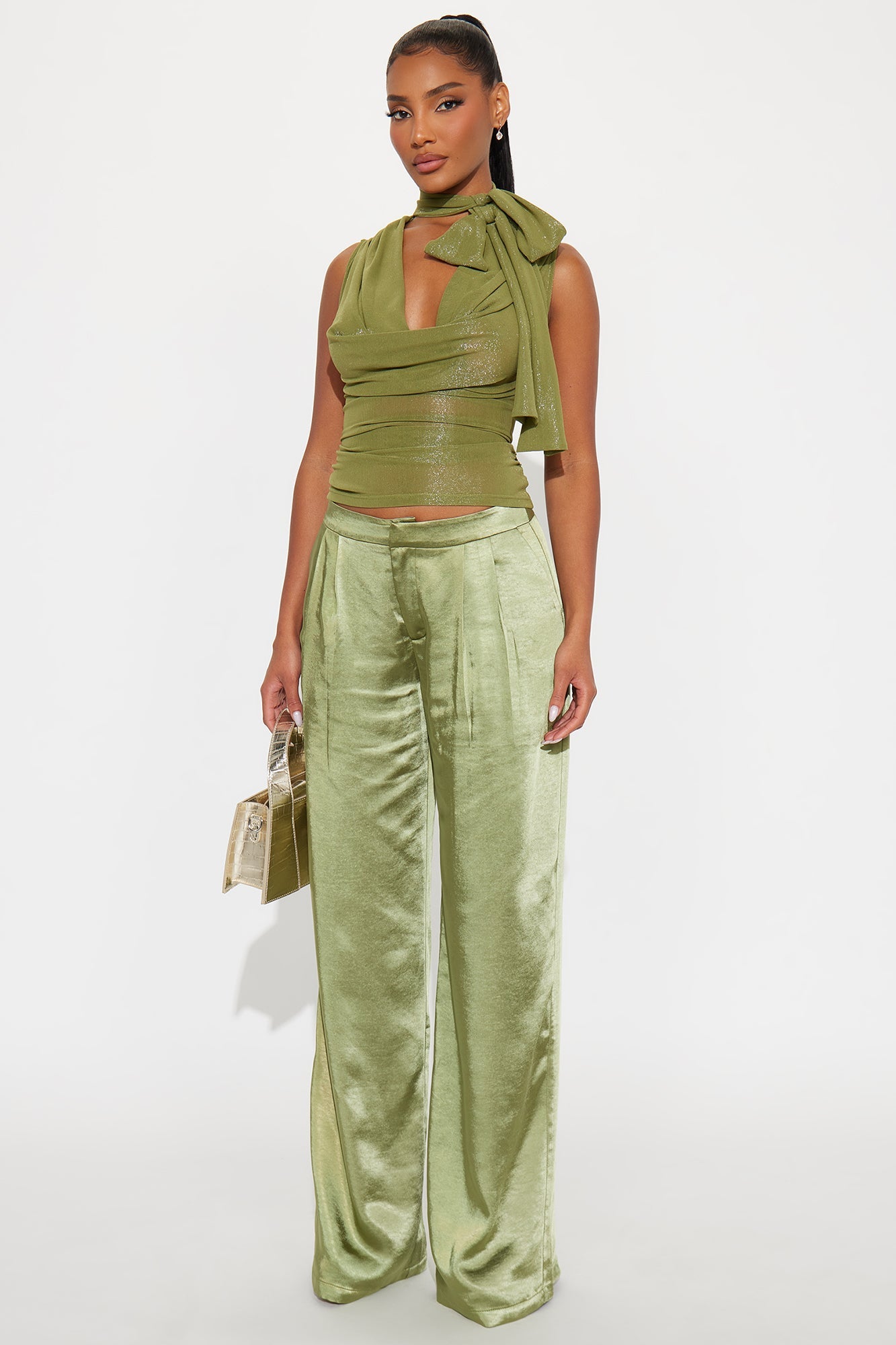 Main Topic Low Rise Wide Leg Satin Pant 33 - Olive