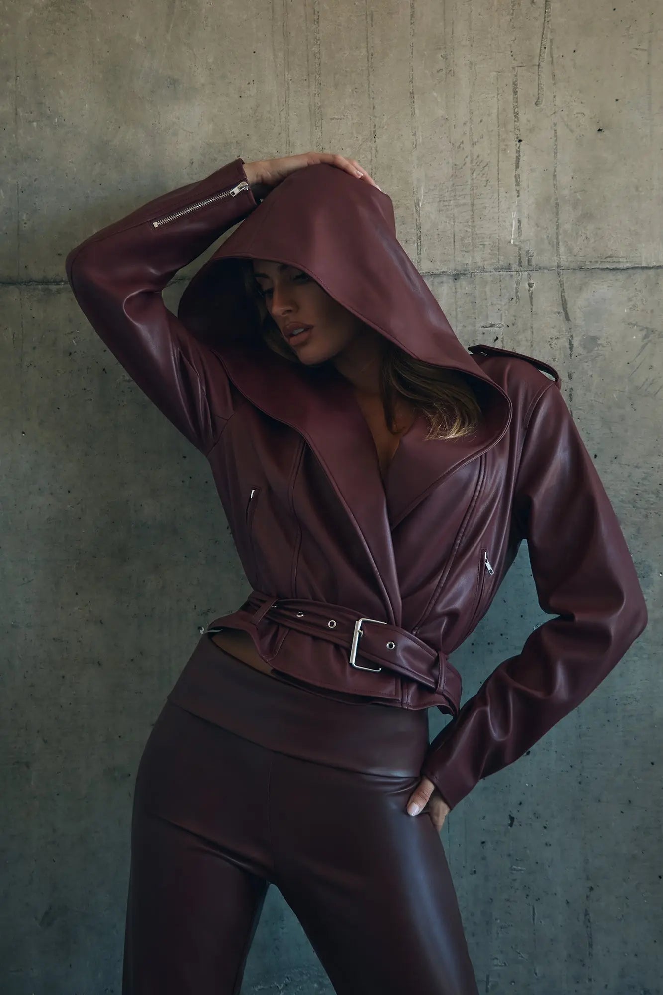 Rebel Hooded Faux Leather Moto Jacket - Burgundy