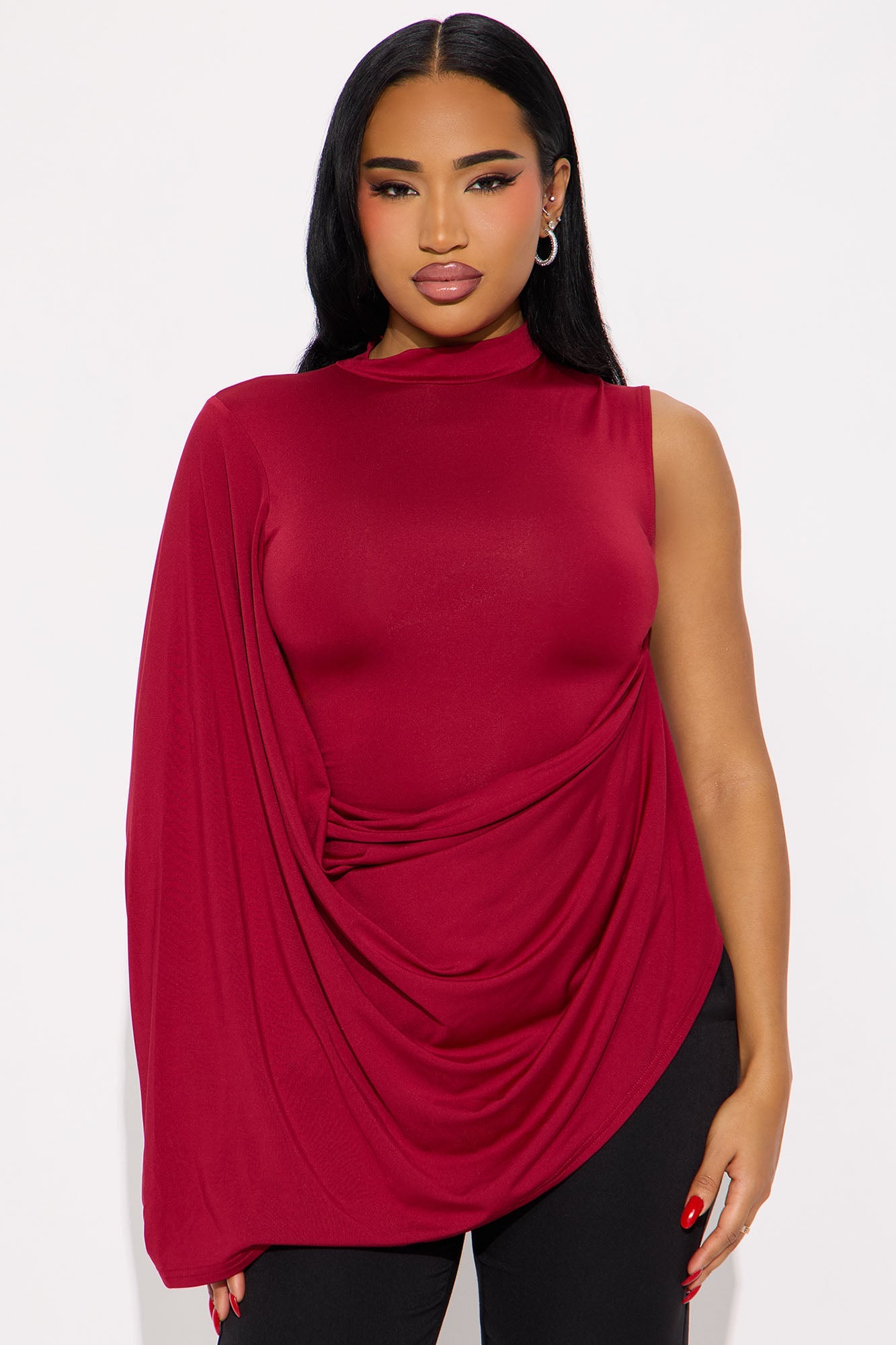 Origin Story Draped Mock Neck Top - Burgundy