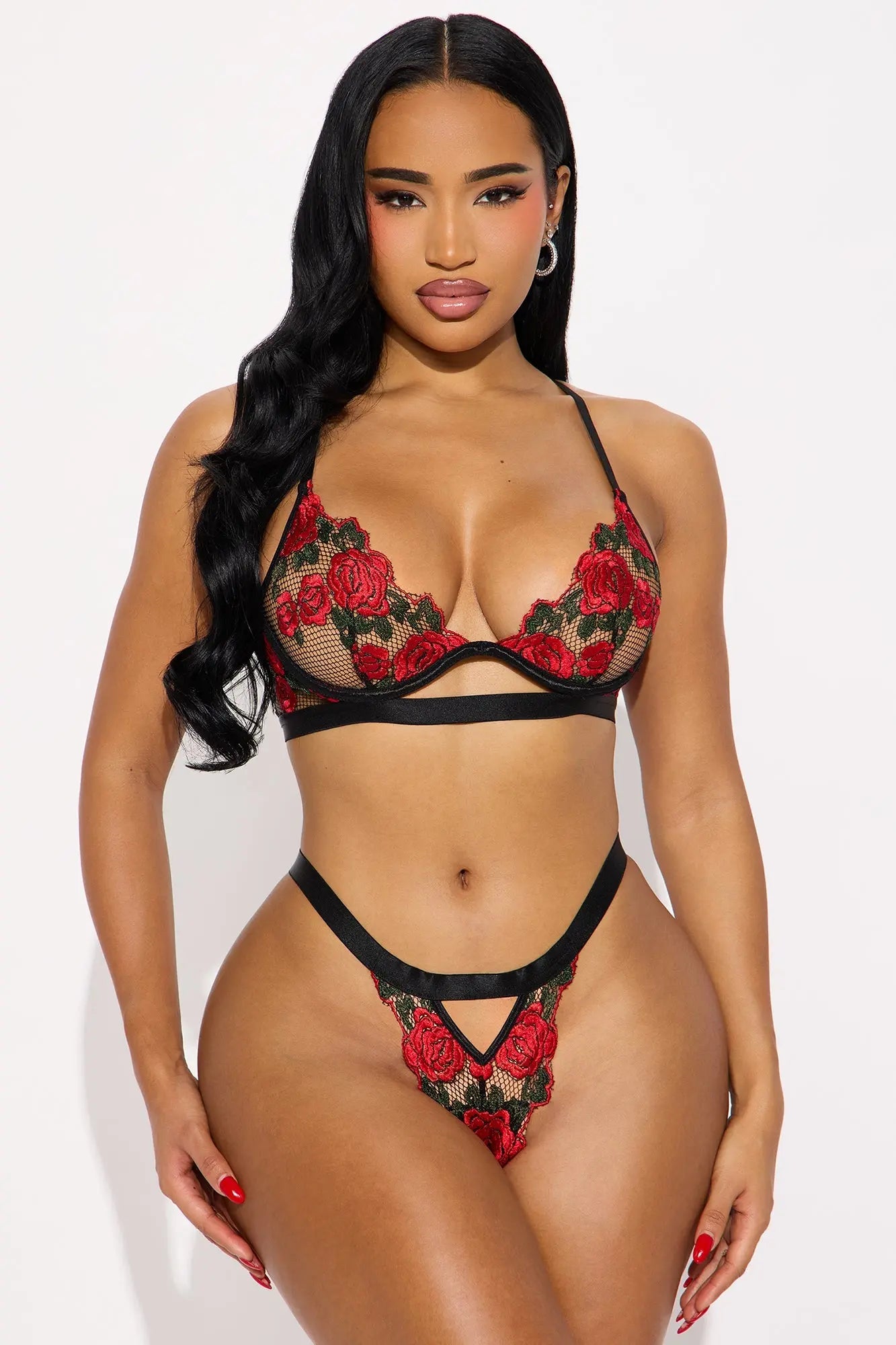 Love And Thorns Mesh Embroidered 2 Piece Set - Black/Red