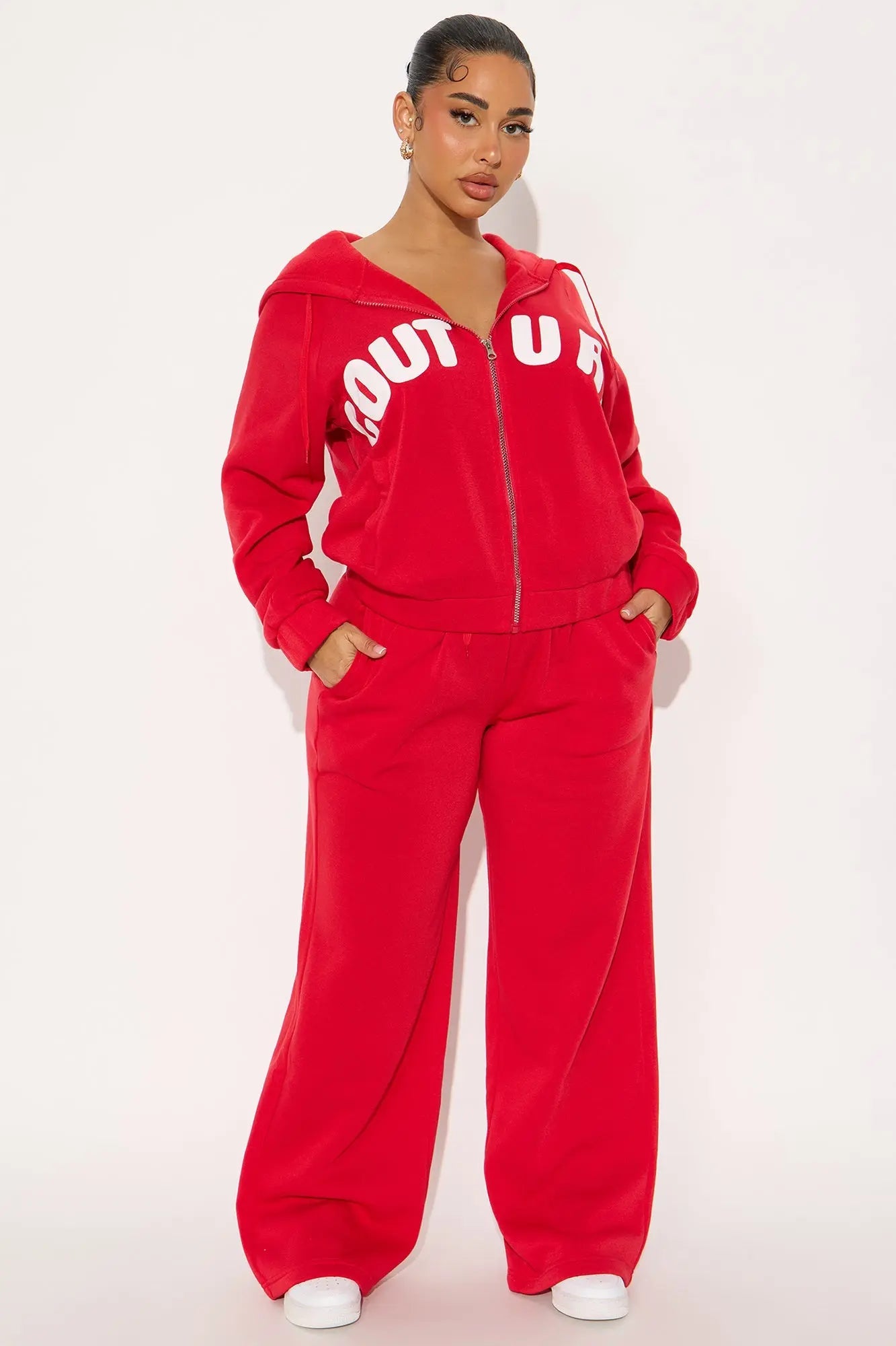Couture Comfort Zip Up Fleece Pant Set - Red