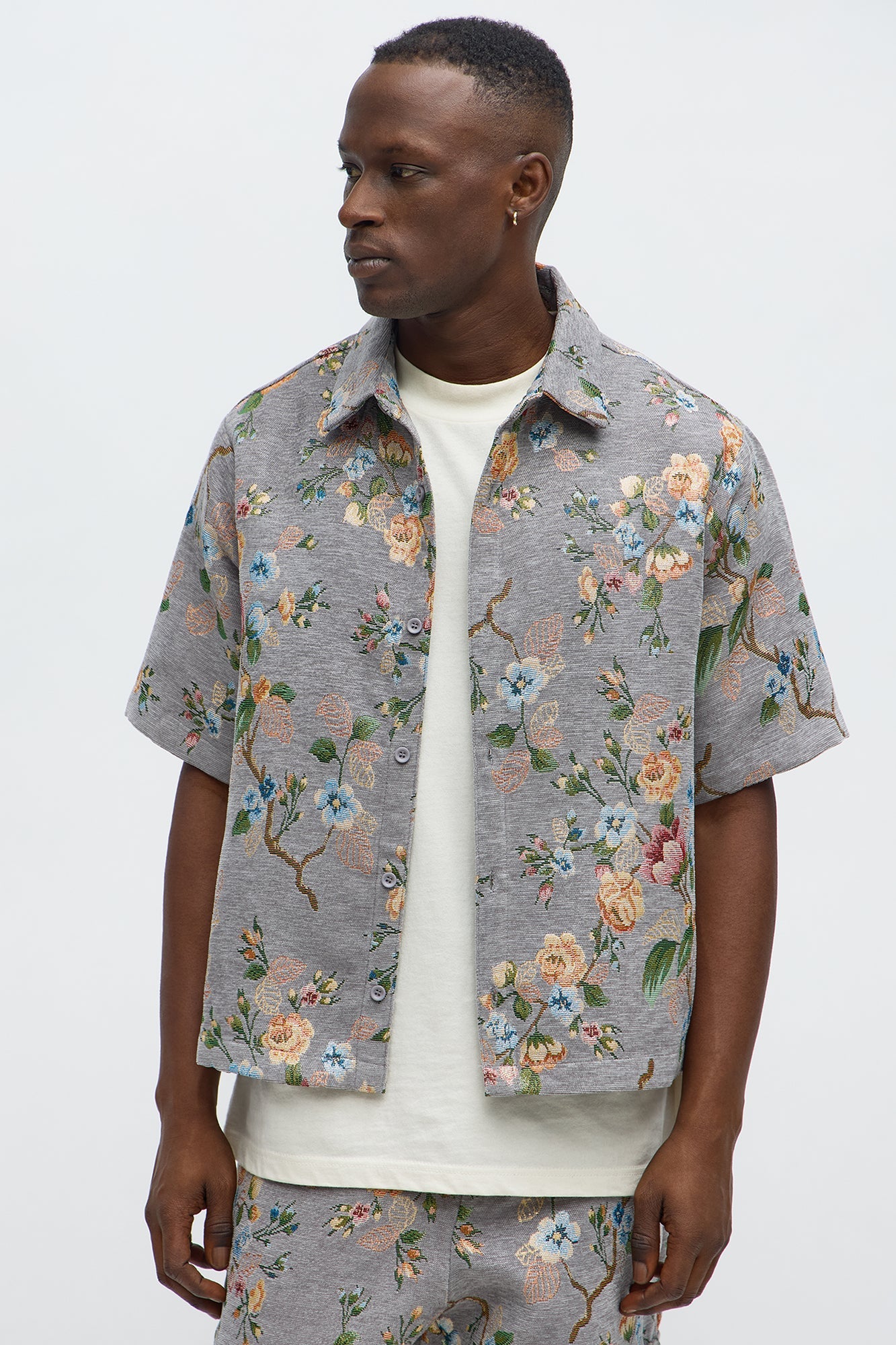 Cropped Blooming Button Up Shirt - Grey