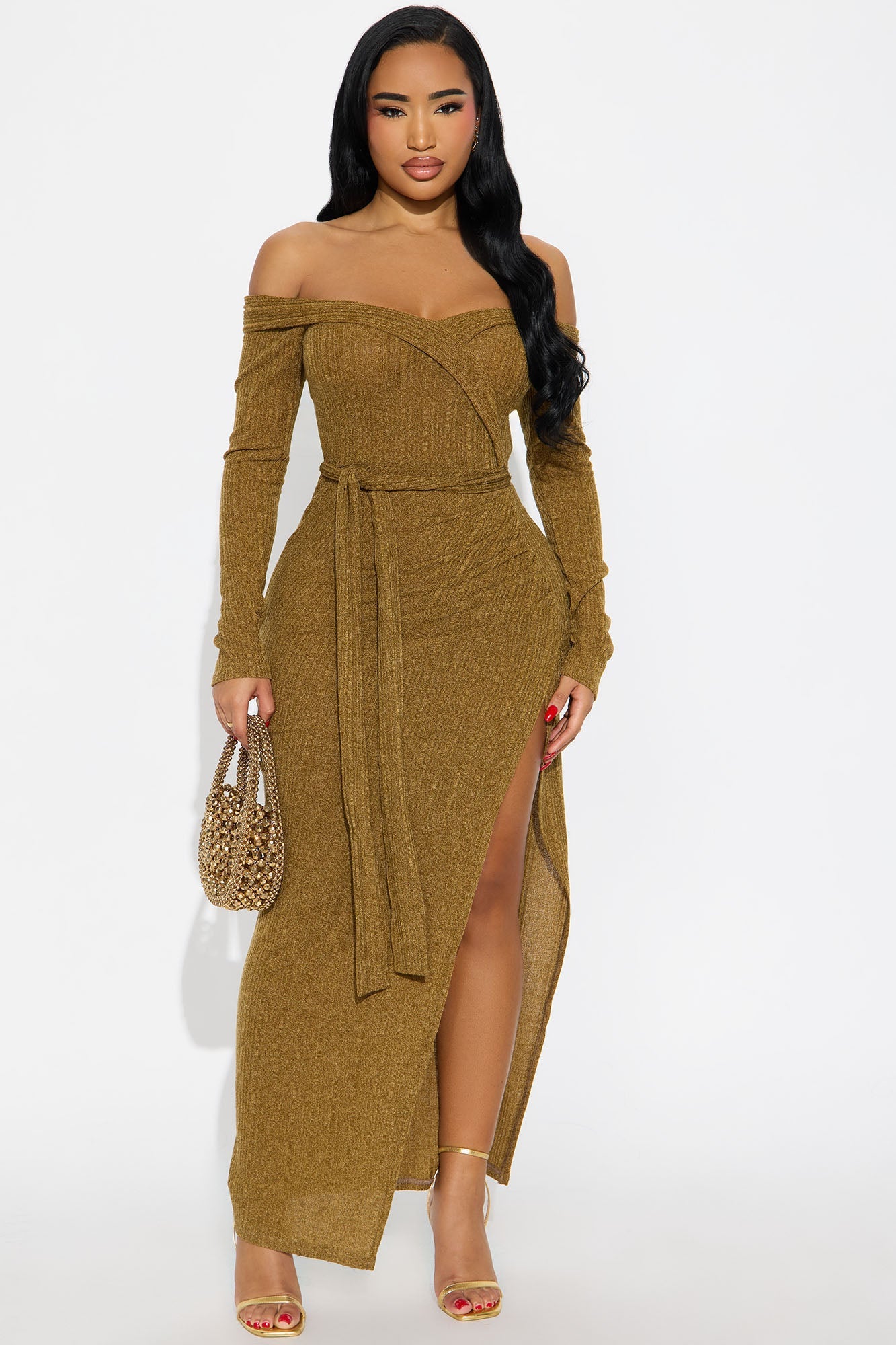 Selene Off Shoulder Sweater Maxi Dress - Olive