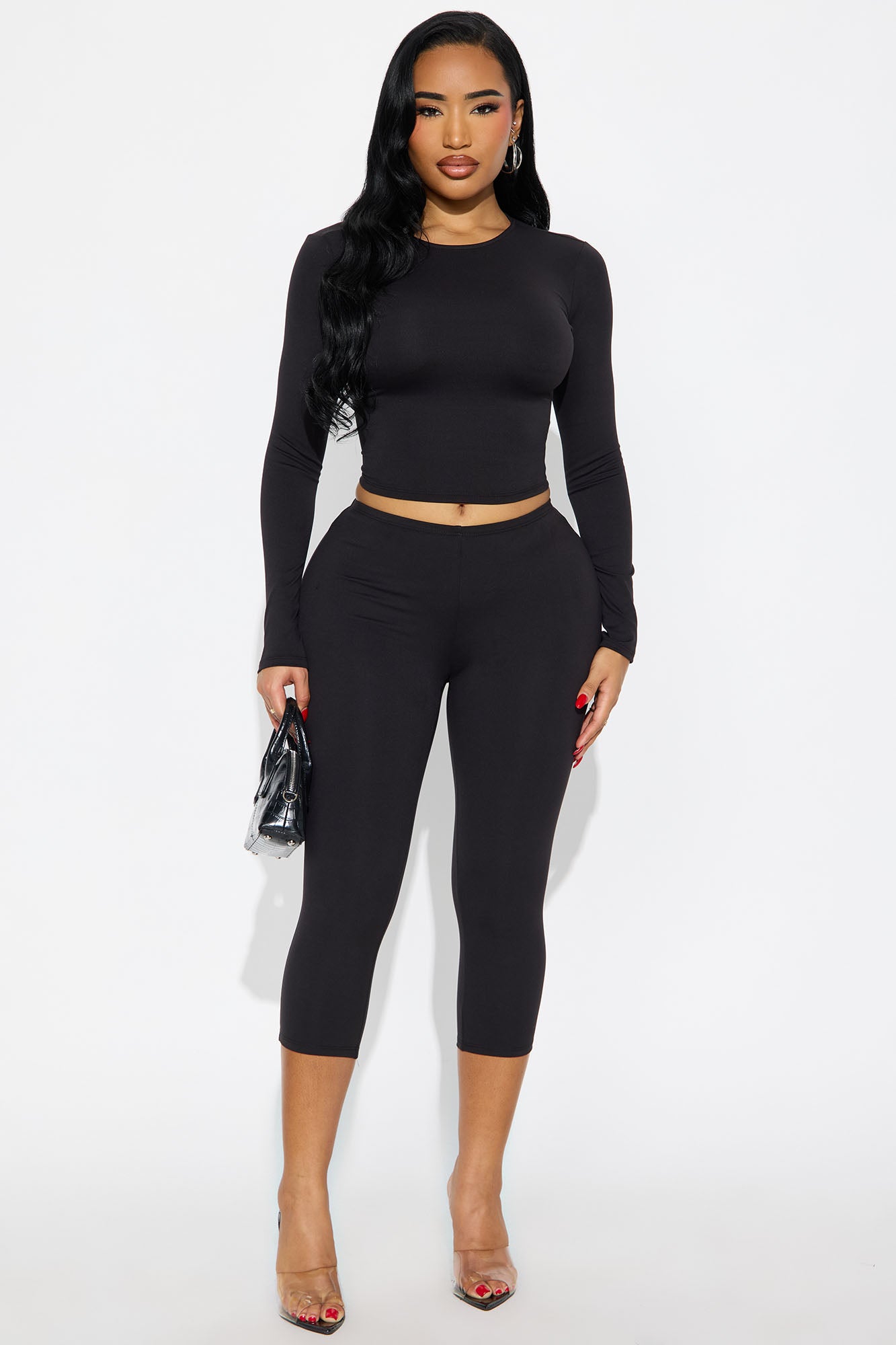 All Day Sleek Long Sleeve Matte Tricot Capri Set - Black