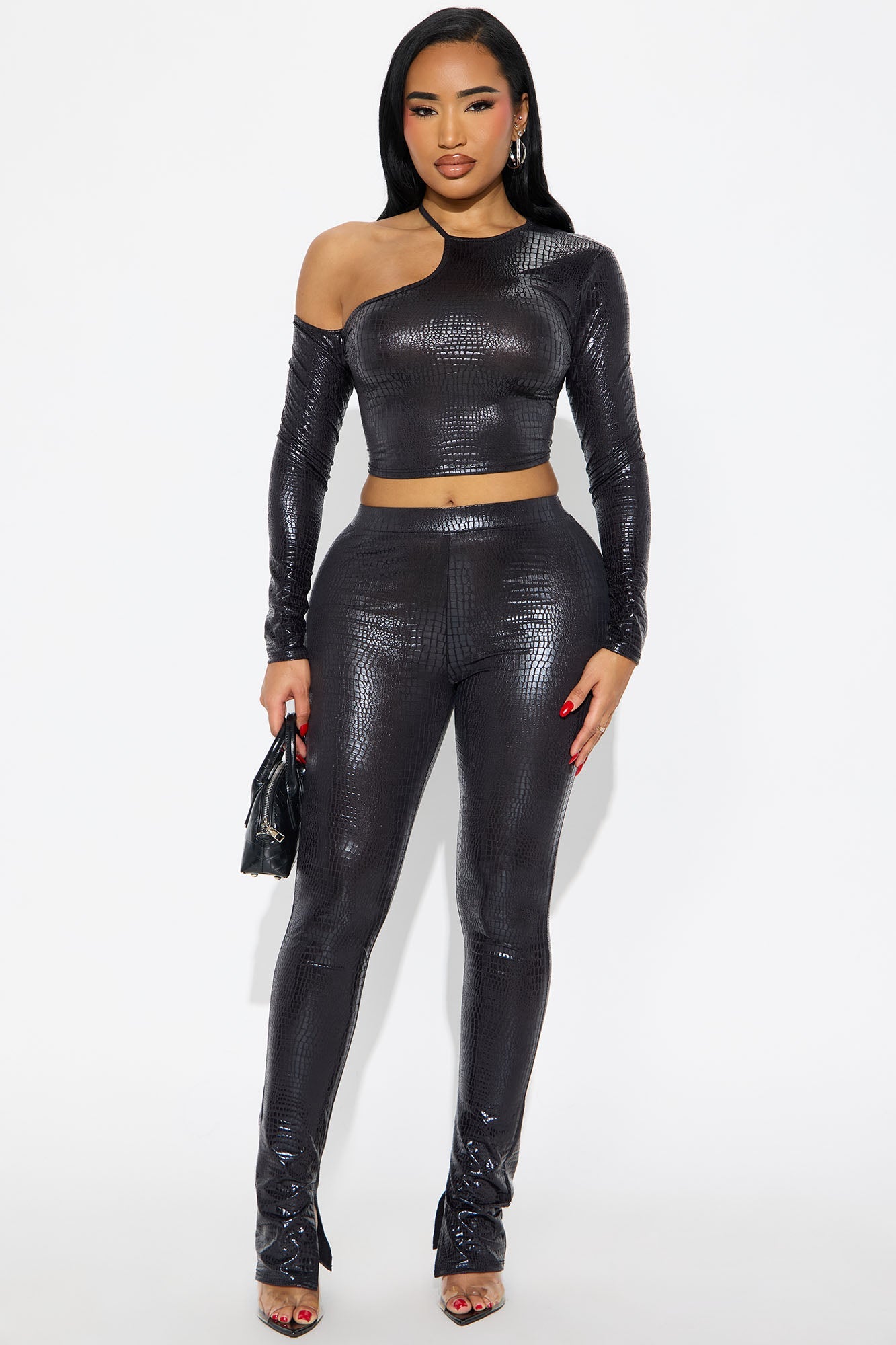 Not Over Yet Faux Patent Leather Legging Set - Black