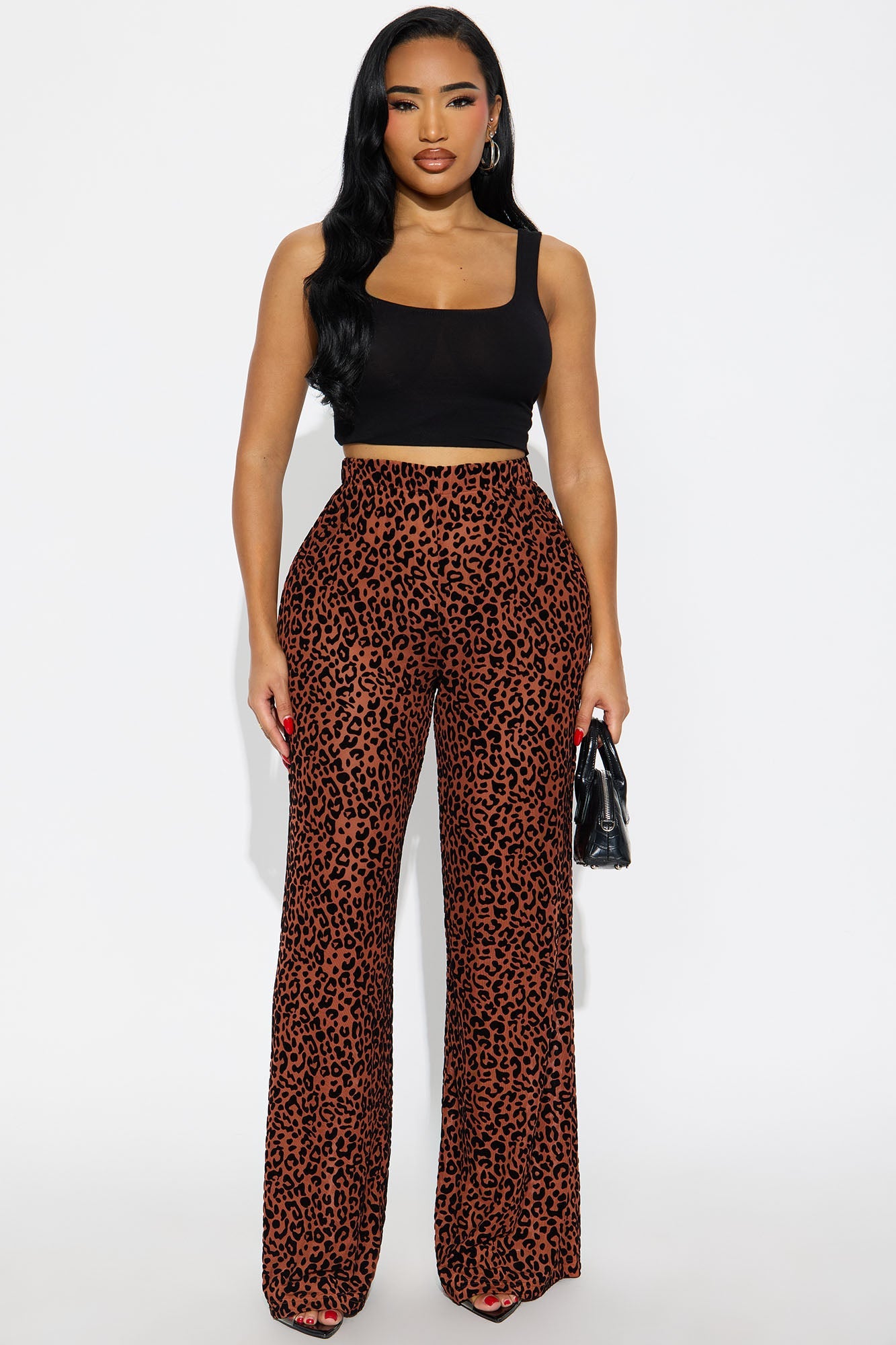 Caught InThe Moment Mesh Flocked Leopard Wide Leg Pant - Brown