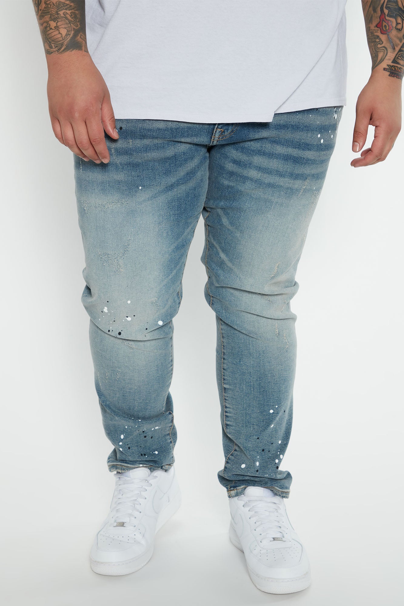 Ripped And Bleach Splatter Slim Jeans - Light Blue Wash