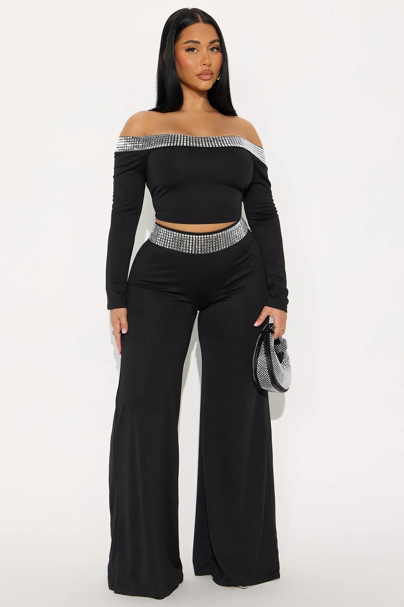 Make You Smile Rhinestone Trim Pant Set - Black