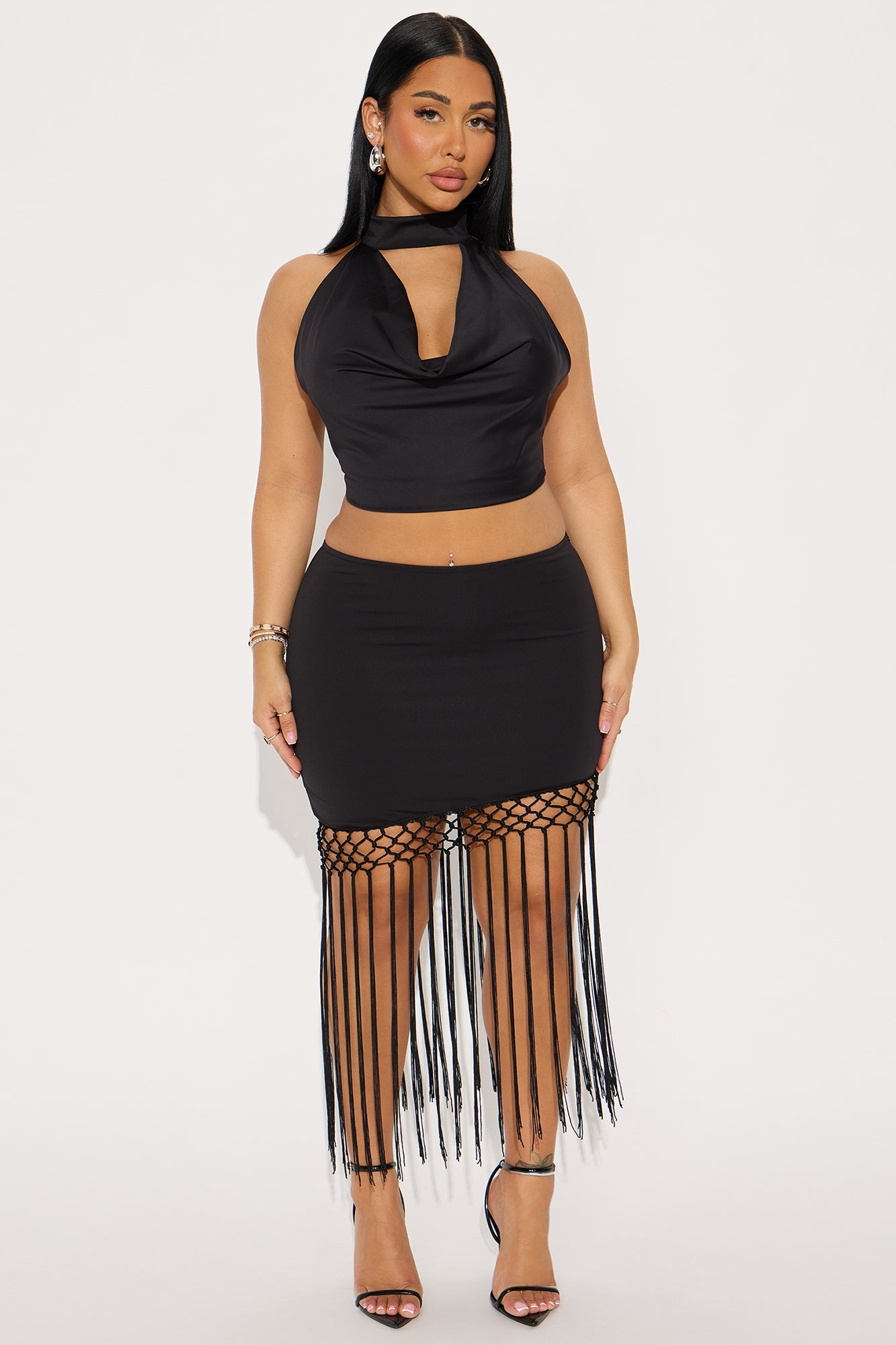 Swayed Emotions Halter Fringe Skirt Set - Black