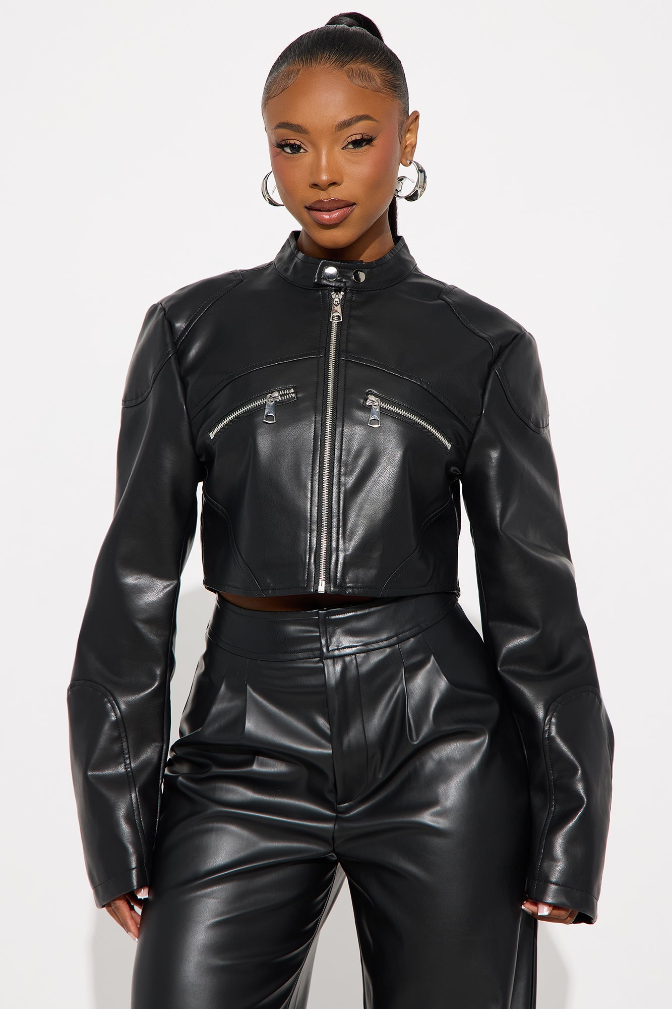 Mina Cropped Faux Leather Moto Jacket - Black