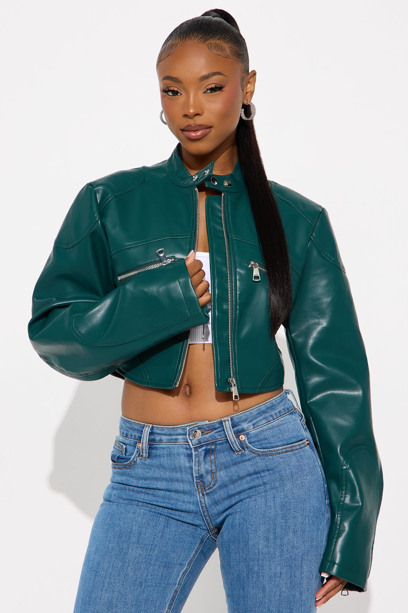 Mina Cropped Faux Leather Moto Jacket - Teal