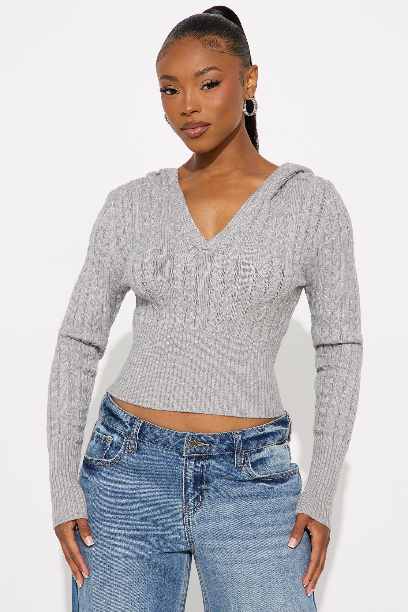 All Day Cable Knit Pullover Sweater - Grey