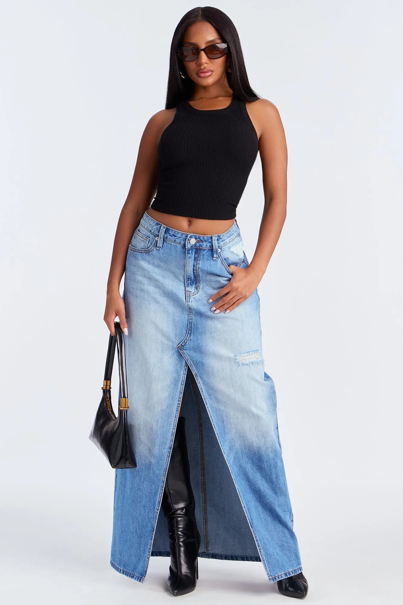 Josie Destructed Washed Denim Maxi Skirt - Medium Wash
