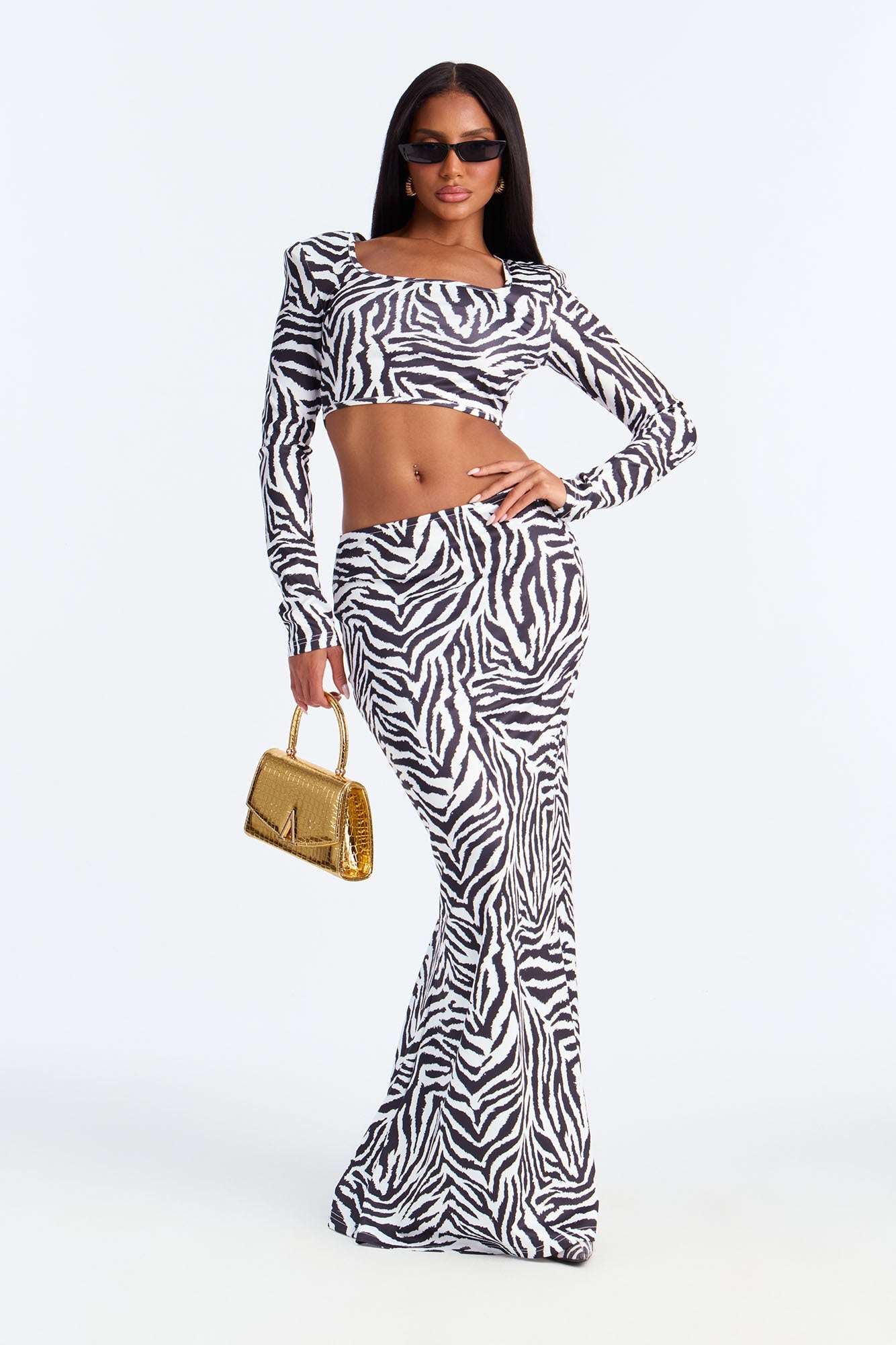 Andreah Zebra Print Maxi Skirt Set - Black/White
