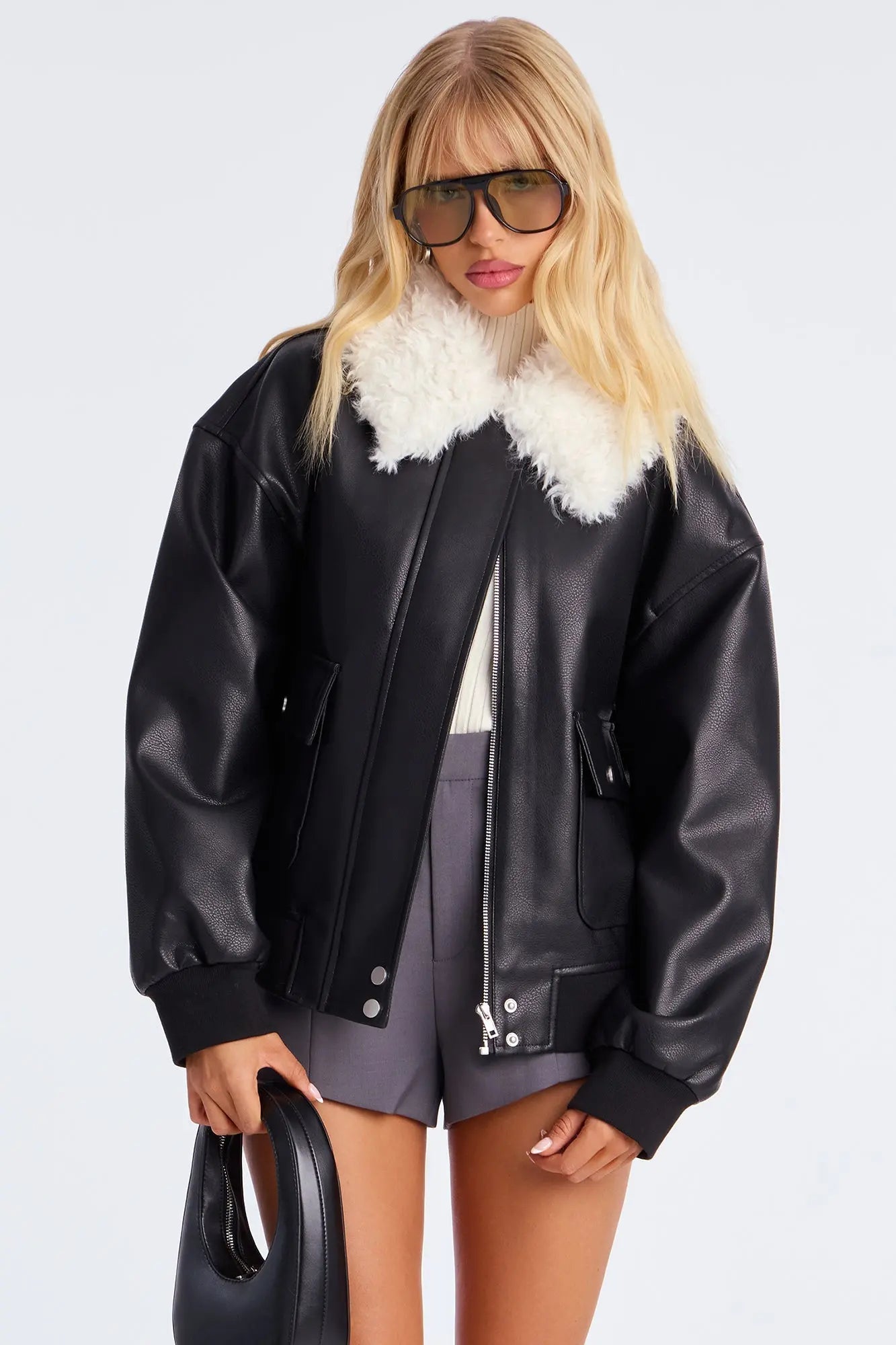Mia Faux Leather Fur Bomber Jacket - Black