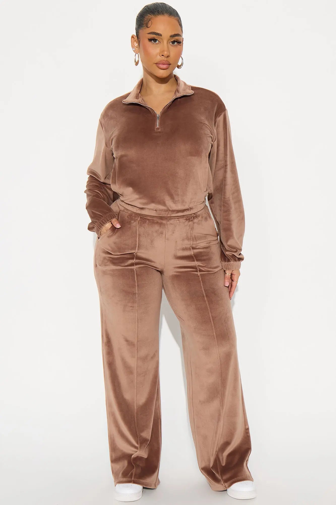 Pause For Now Quarter Zip Velour Pant Set - Brown
