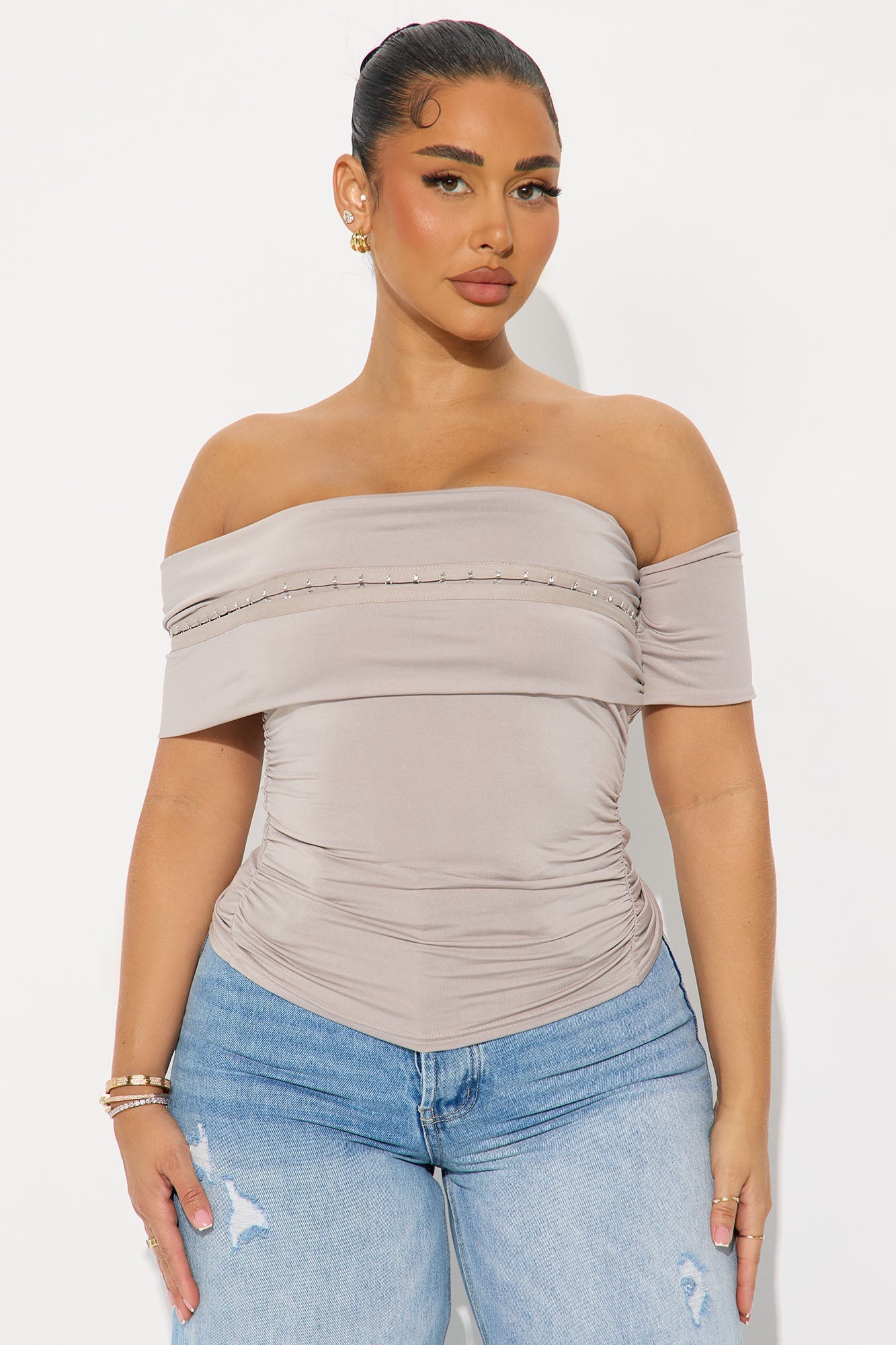 Toria Ruched Off Shoulder Top - Stone