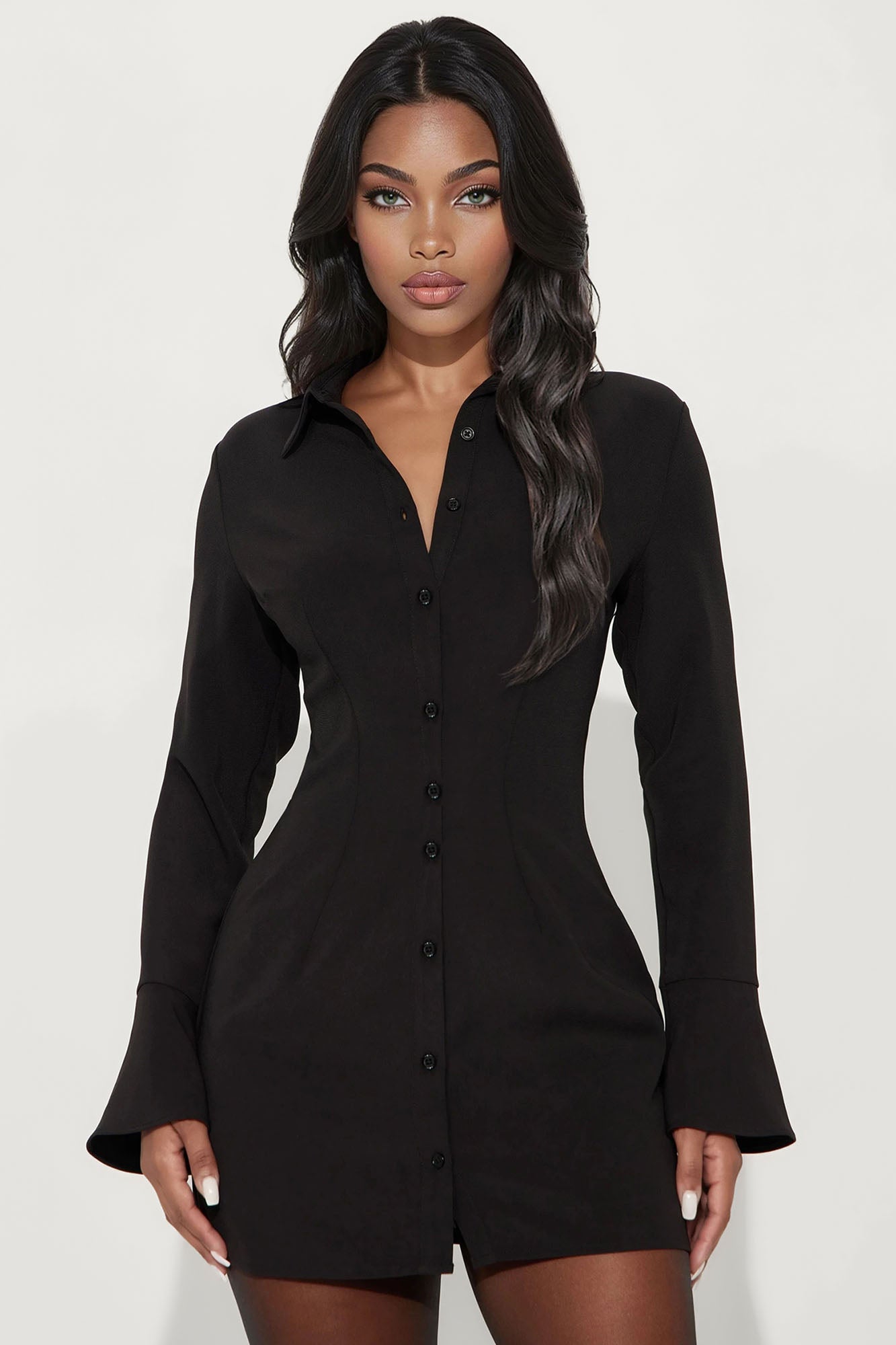 Brenda Button Up Long Sleeve Mini Dress - Black